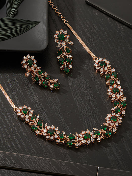 Jazz And Sizzle Rosegold-Plated Green American Diamond Studded Handcrafted Jewellery Set (Copy)