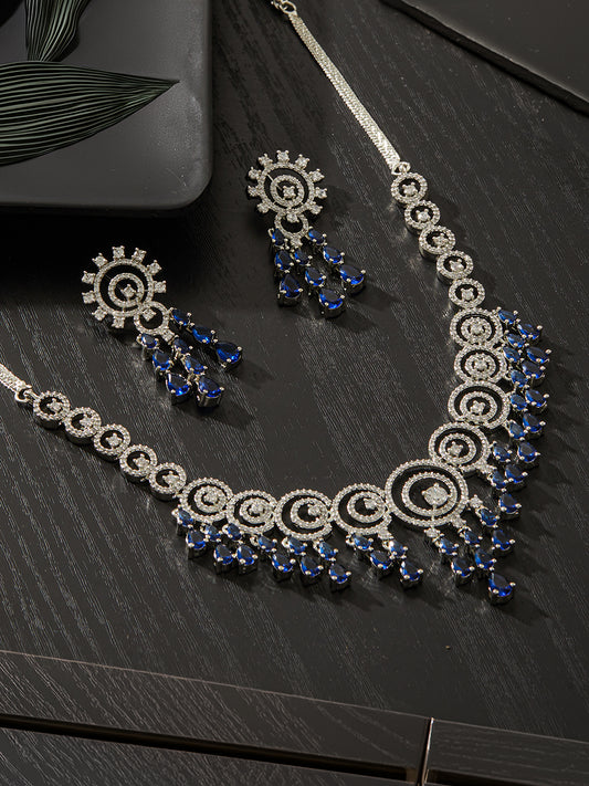 Jazz And Sizzle Rhodium-Plated Sapphire Blue American Diamond Studded Floral Contemporary Jewelry Set