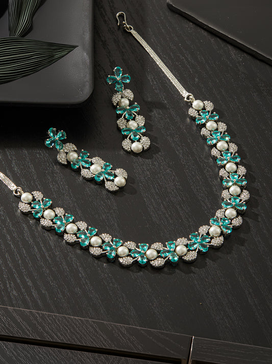 Jazz And Sizzle  Rhodium -Plated Mint Green American Diamond Studded Handcrafted Jewellery Set