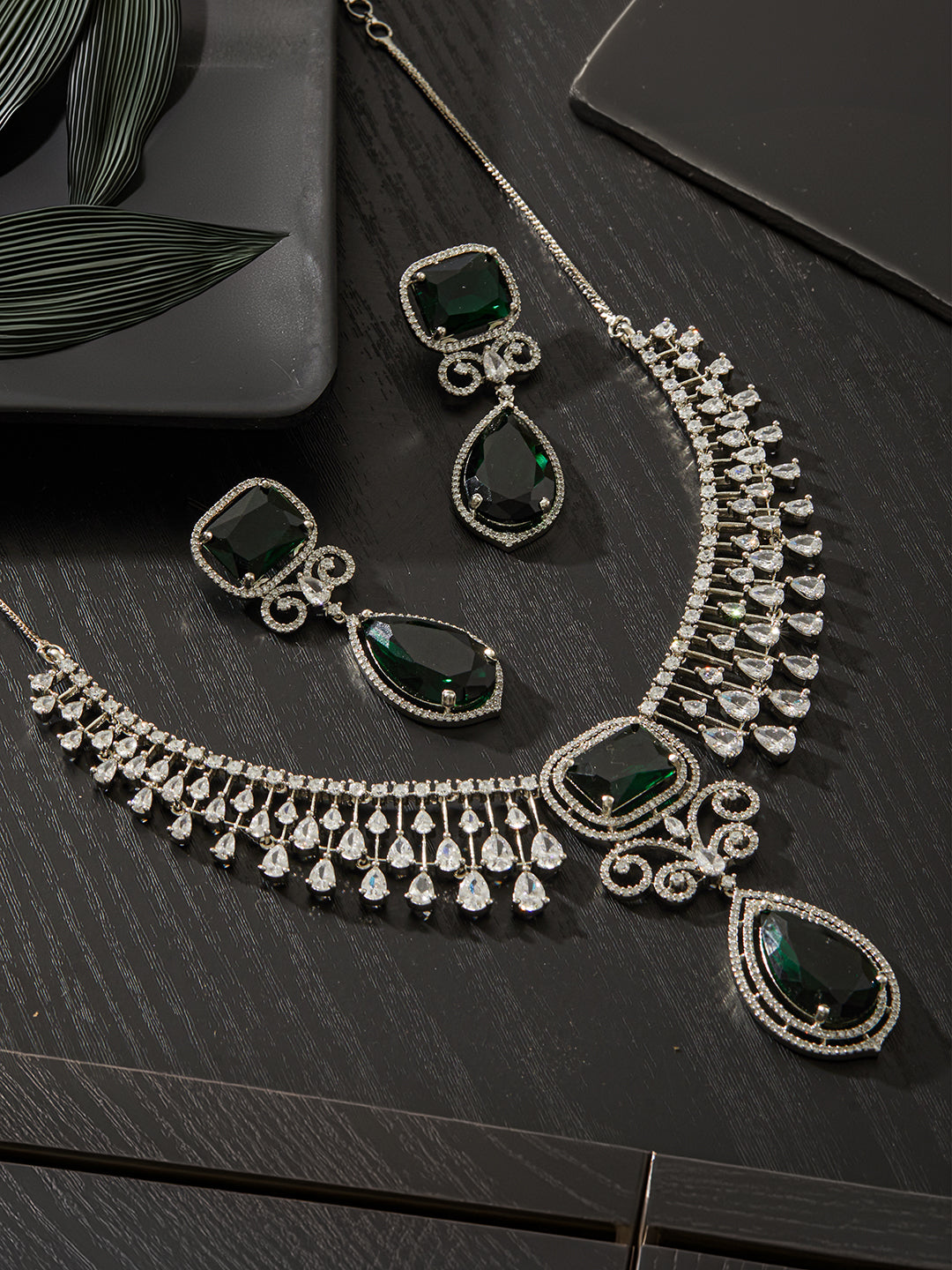 Jazz And Sizzle Rhodium-Plated Green American Diamonds-Studded Handcrafted Jewellery Set
