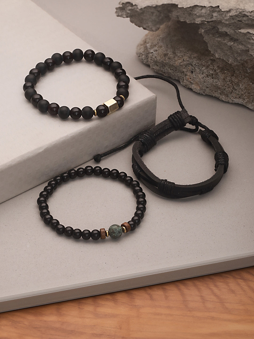 Jazz And Sizzle Men Set of 3 Black Beaded Elasticated & Leather Wraparound Bracelet