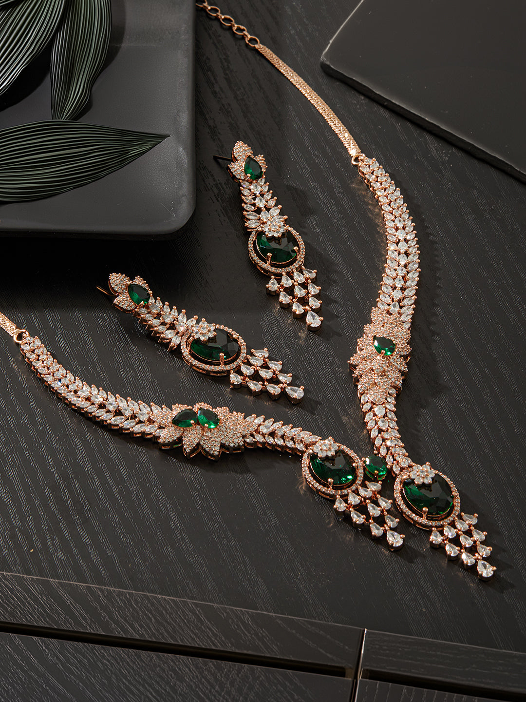 Jazz And Sizzle Rosegold-Plated Emarald Green American Diamond Studded Handcrafted Jewellery Set