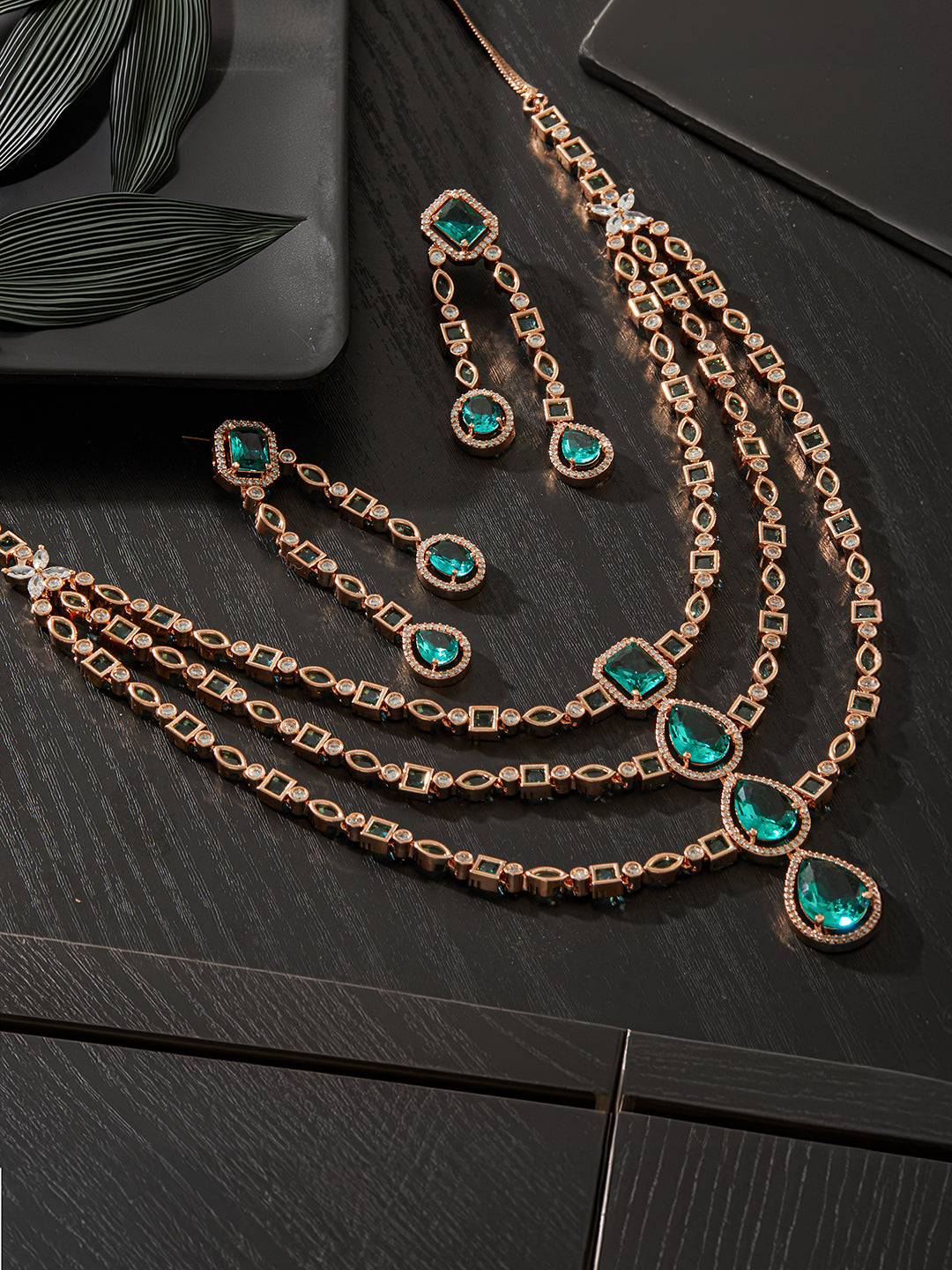 Jazz And Sizzle Rosegold-Plated Mint Green American Diamond Studded Handcrafted Jewellery Set