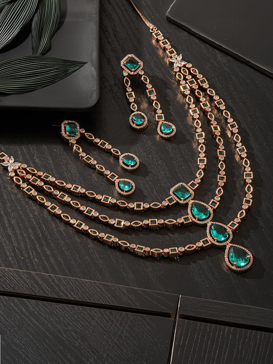 Jazz And Sizzle Rosegold-Plated Mint Green American Diamond Studded Handcrafted Jewellery Set