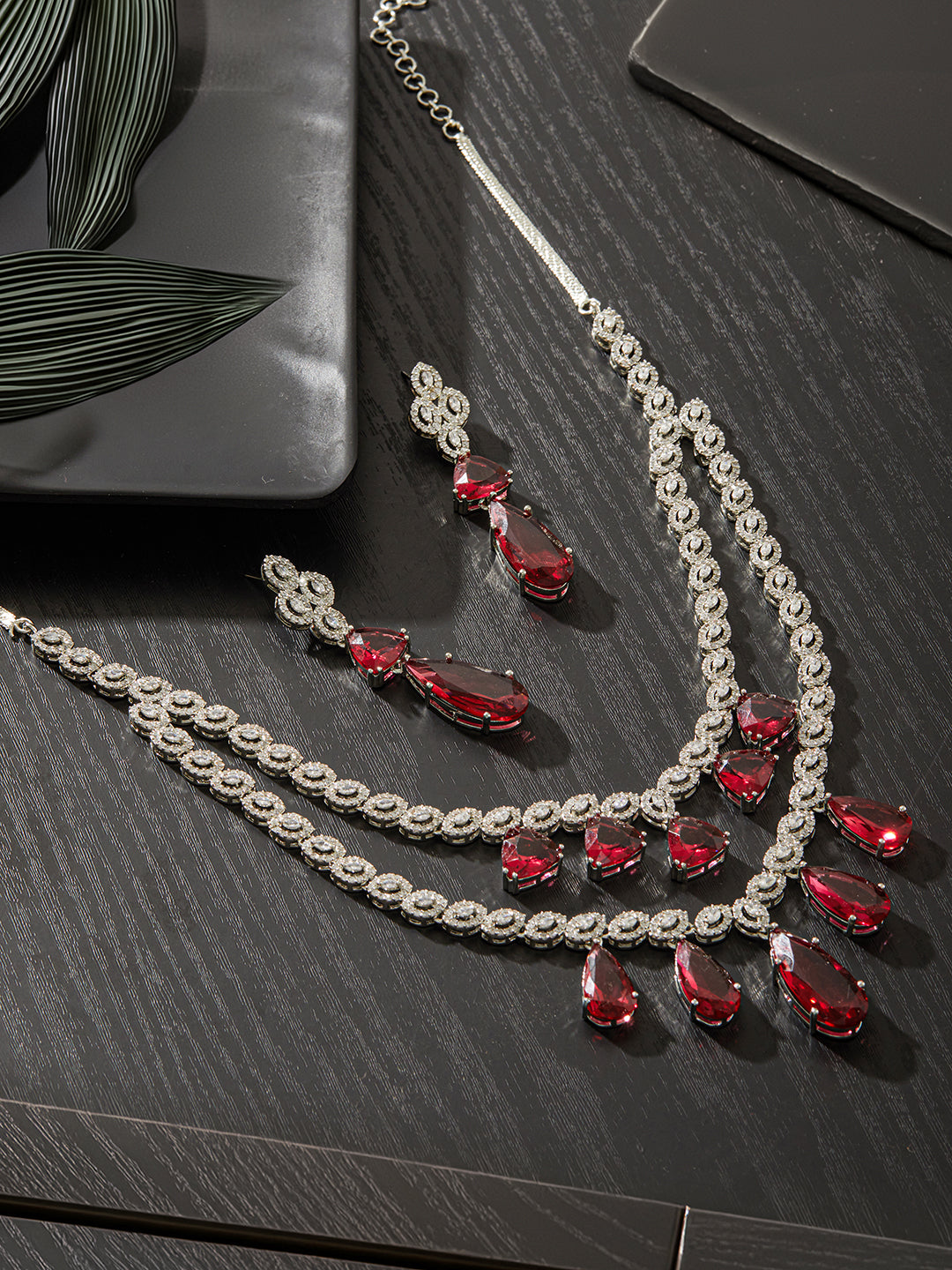 Jazz And Sizzle Rhodium-Plated American Diamond Studded Layered Contemporary Jewelry Set