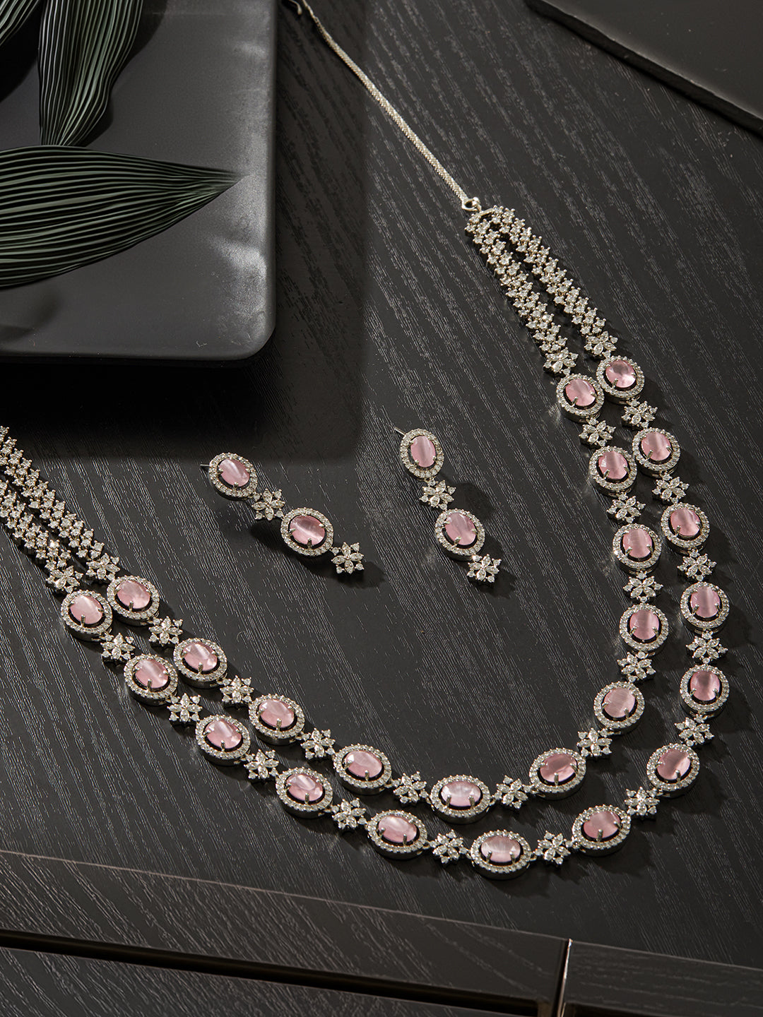 Jazz And Sizzle Rhodium-Plated PINK Ad-Studded Layered Jewellry Set
