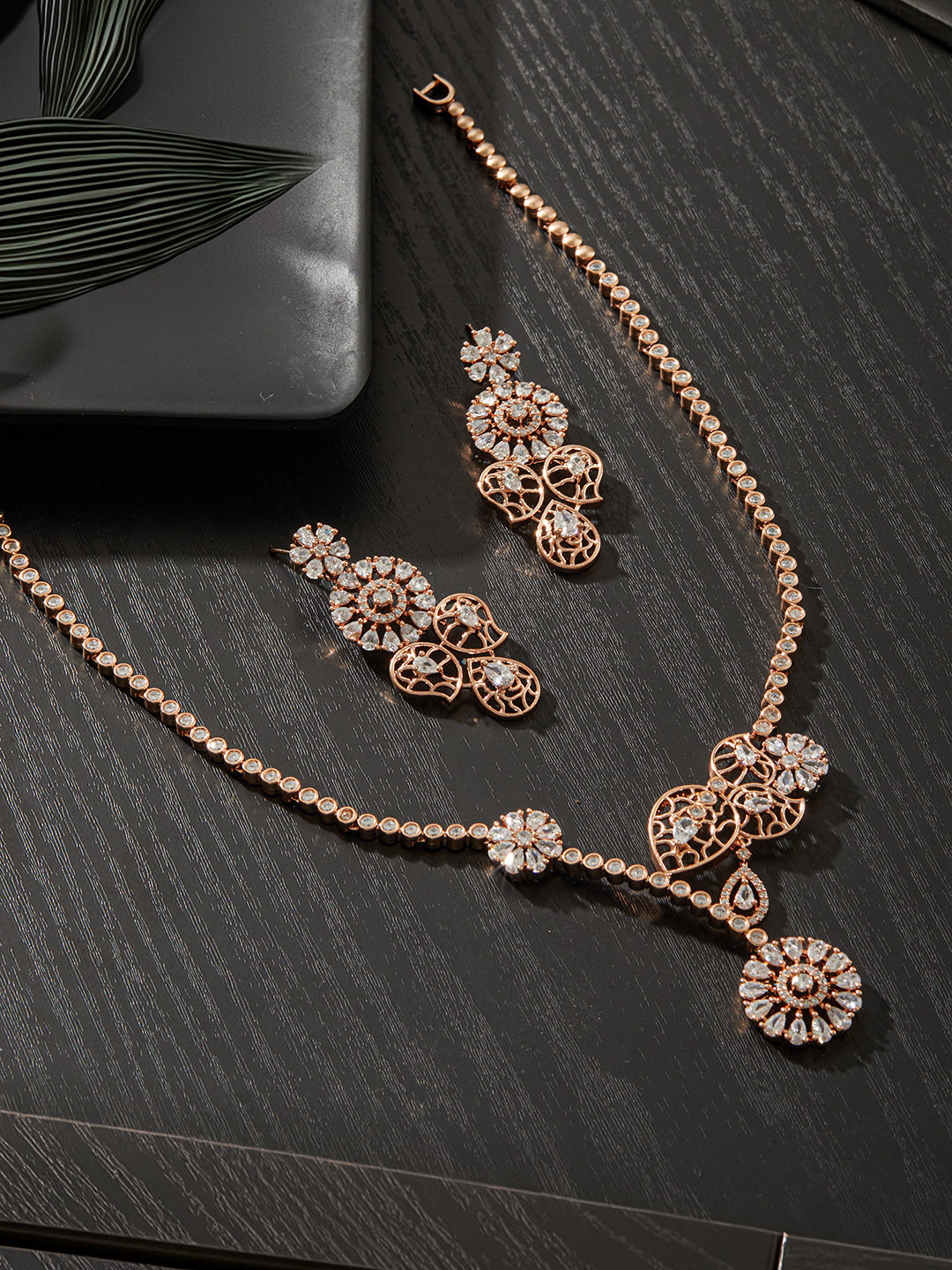 Jazz And Sizzle Rosegold-Plated American Diamond Studded Floral Contemporary Jewellery Set