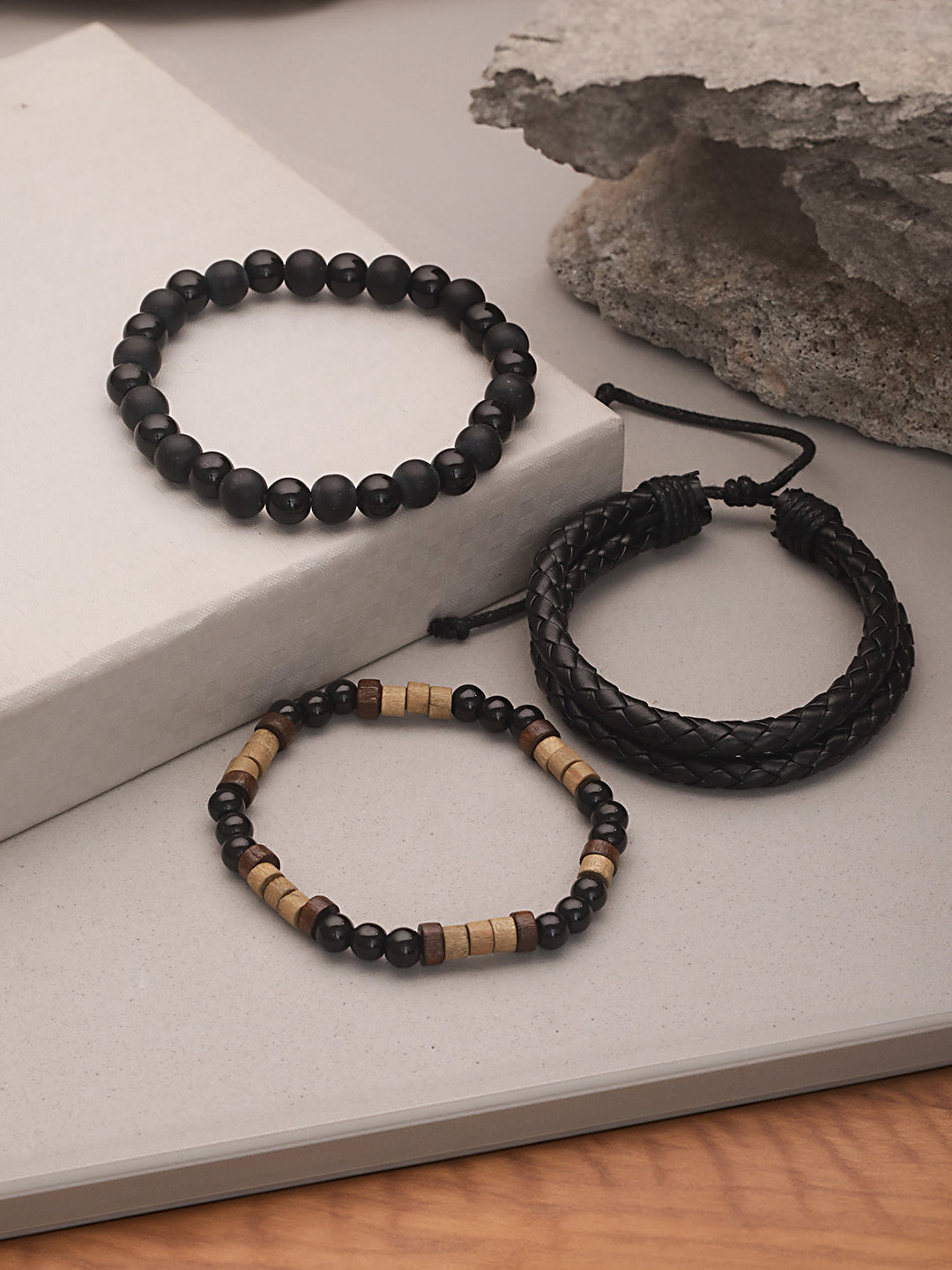 Jazz And Sizzle Men Set of 3 Brown Beaded Elasticated & Black Leather Wraparound Bracelet
