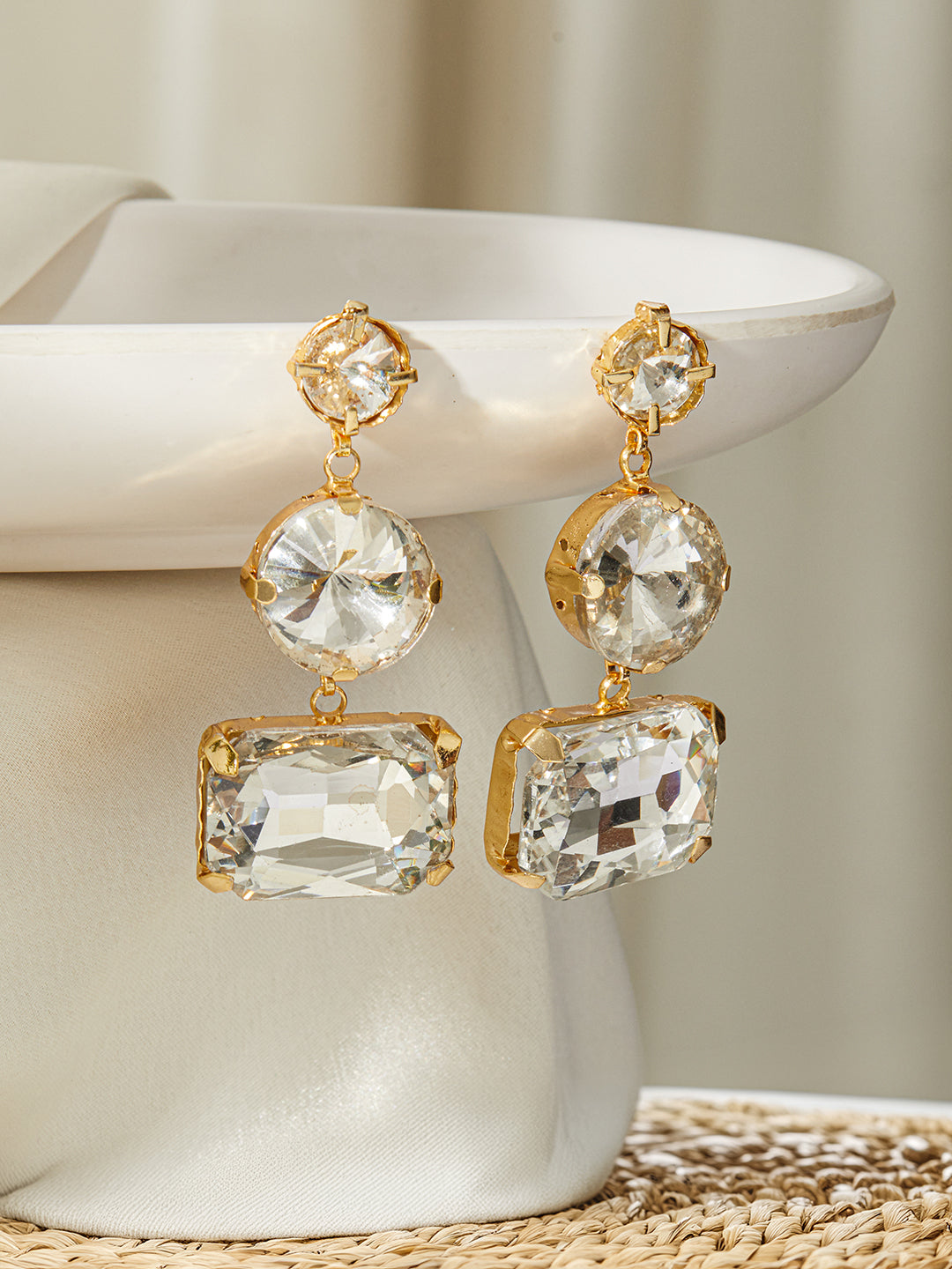 Jazz And Sizzle Gold Plated Contemporary White Stone Studded Drop Earrings