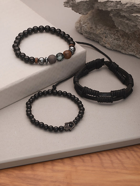 Jazz And Sizzle Men Set of 3 Black Elasticated & Handcrafted Wraparound Bracelets