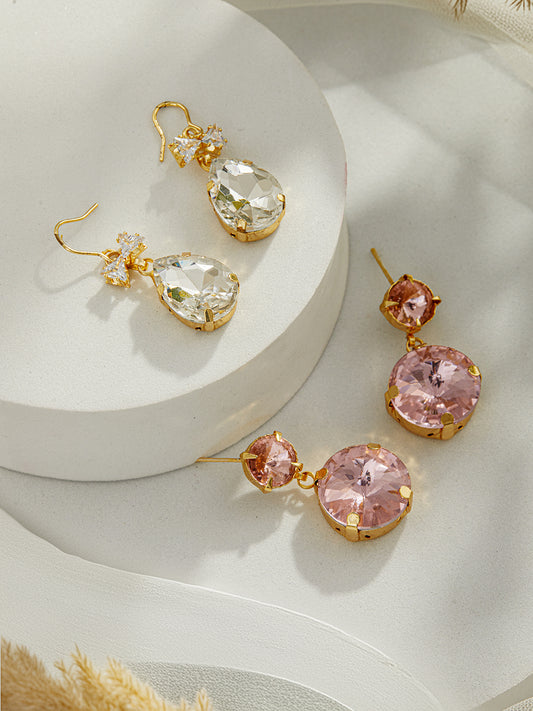 Jazz And Sizzle Set Of 2 Gold Plated Pink & Off White Stone Studded Tear Drop Earrings