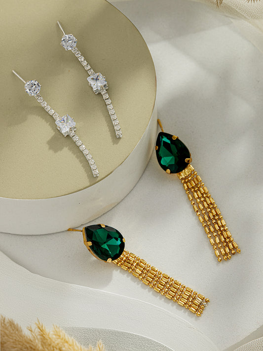 Jazz And Sizzle Set Of 2 Rhodium-Plated & Green Stone Studded Contemporary Drop Earrings