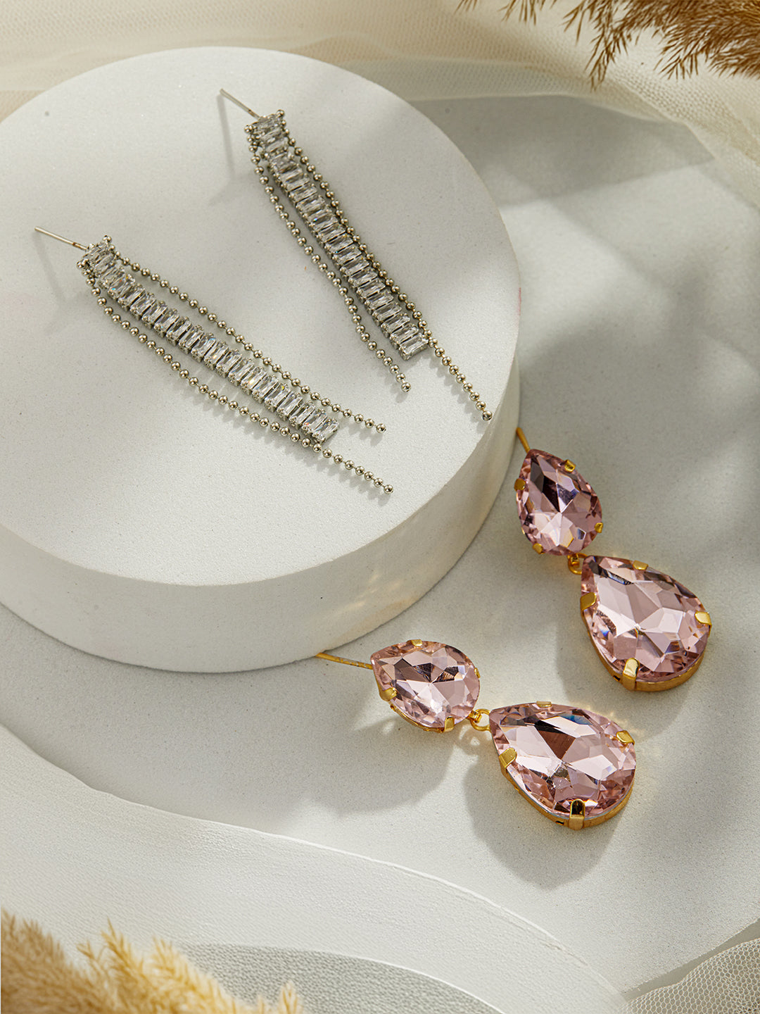 Jazz And Sizzle Set Of 2 Gold Plated Pink Stone Studded & Silver Dangler Style Drop Earrings