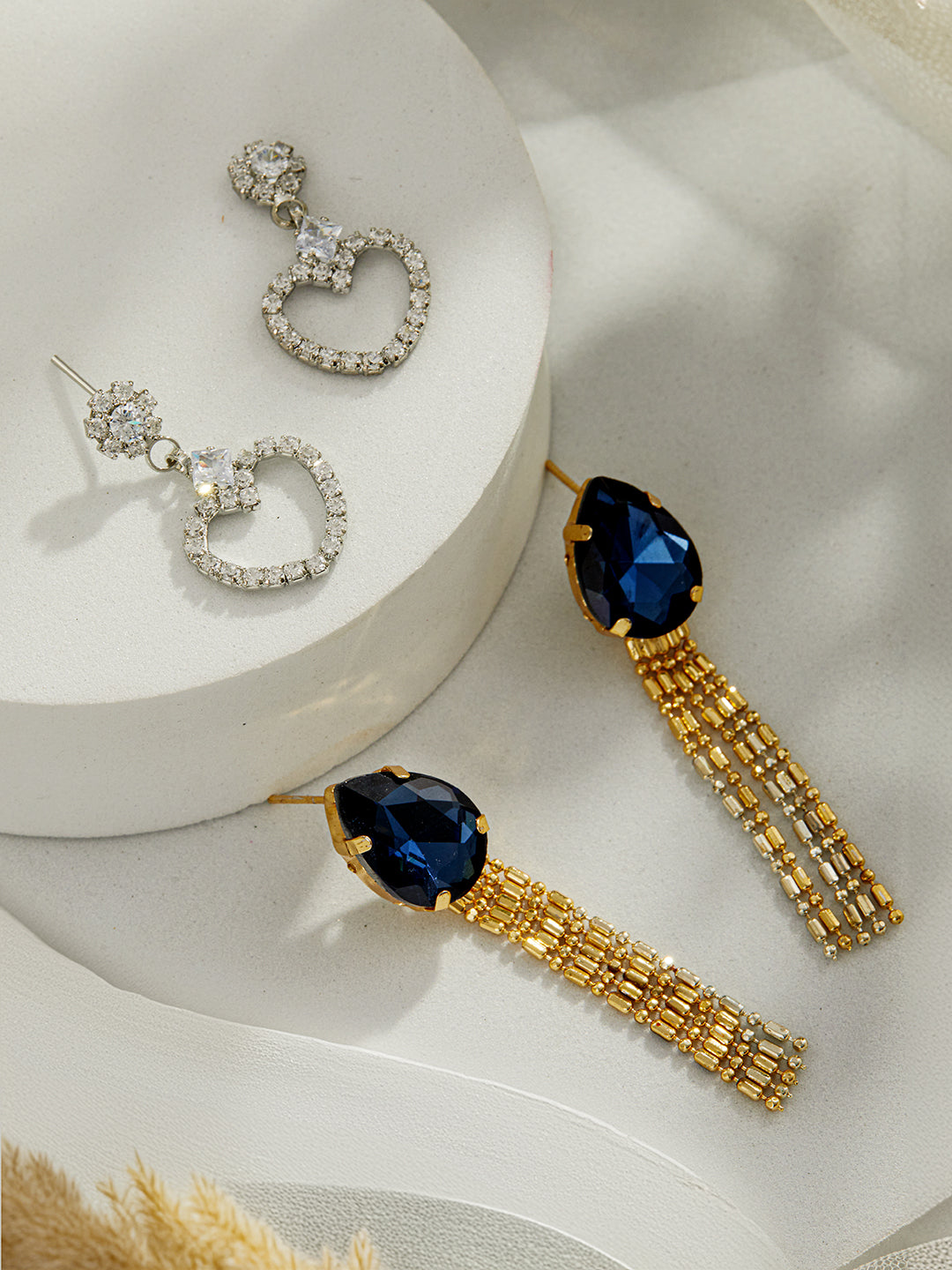 Jazz And Sizzle Set Of 2 Gold Heart Shaped Rhodium-Plated & Blue Stone Studded Contemporary Drop Earrings