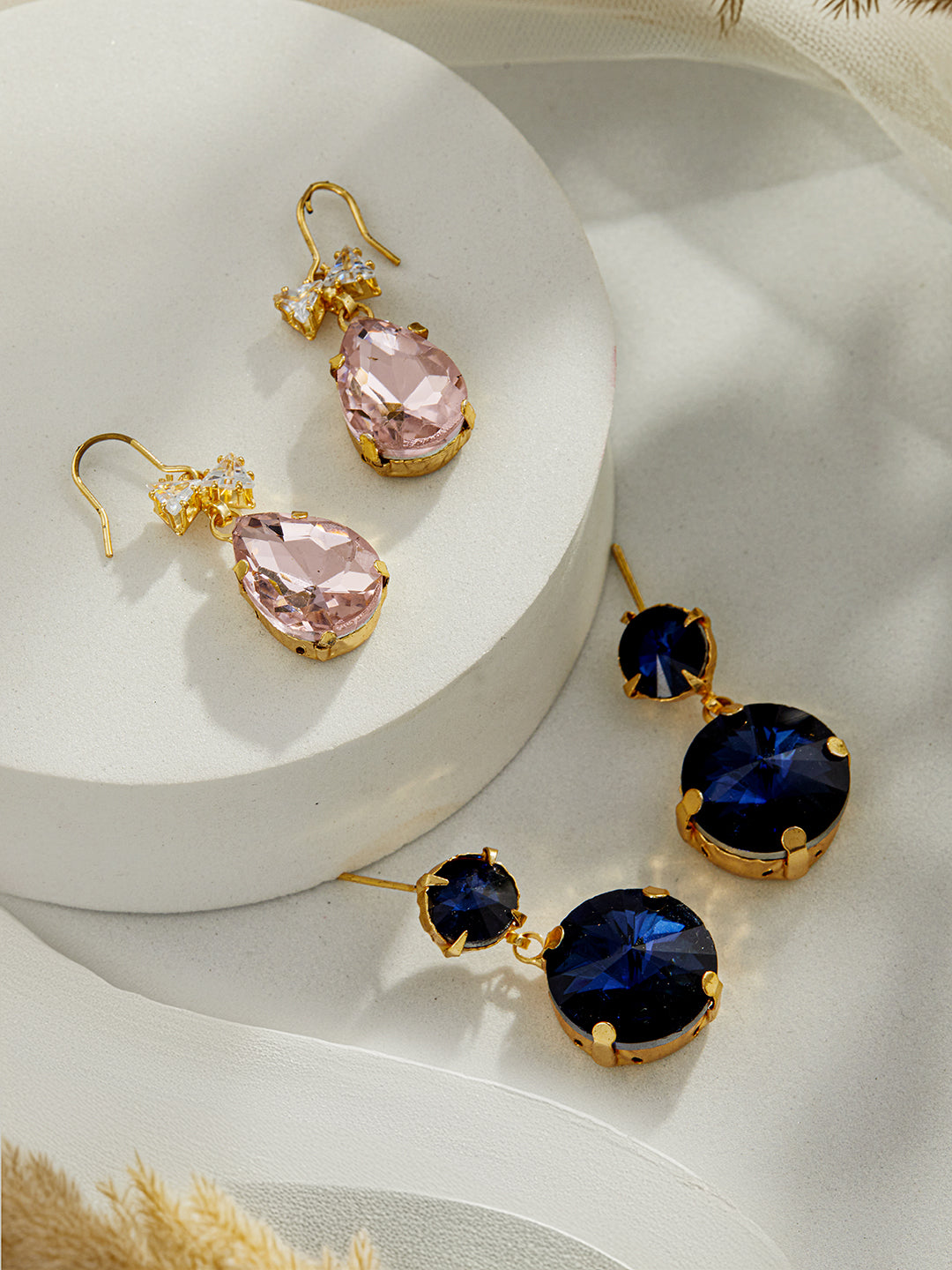 Jazz And Sizzle Set Of 2 Gold Plated Blue & Pink Stone Studded Drop Earrings