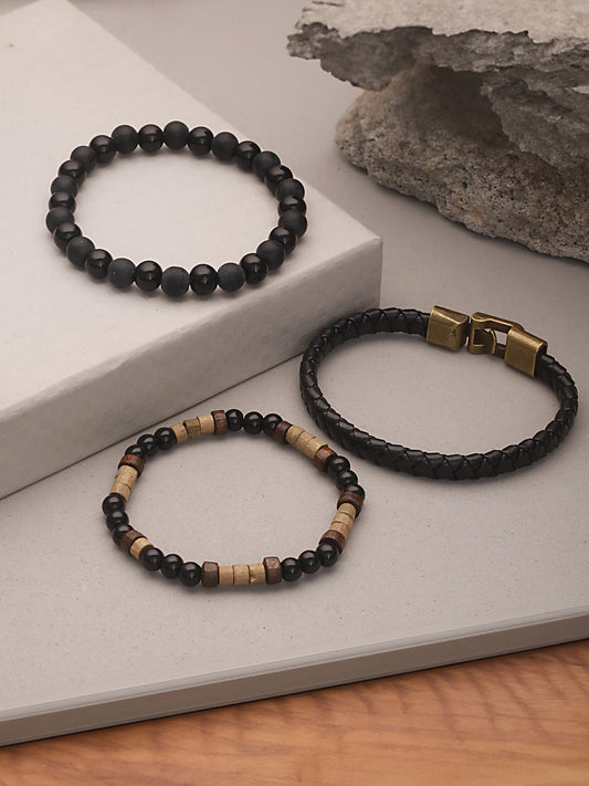 Jazz And Sizzle Men's Set of 3 Brown and Black Elasticated Beaded bracelet