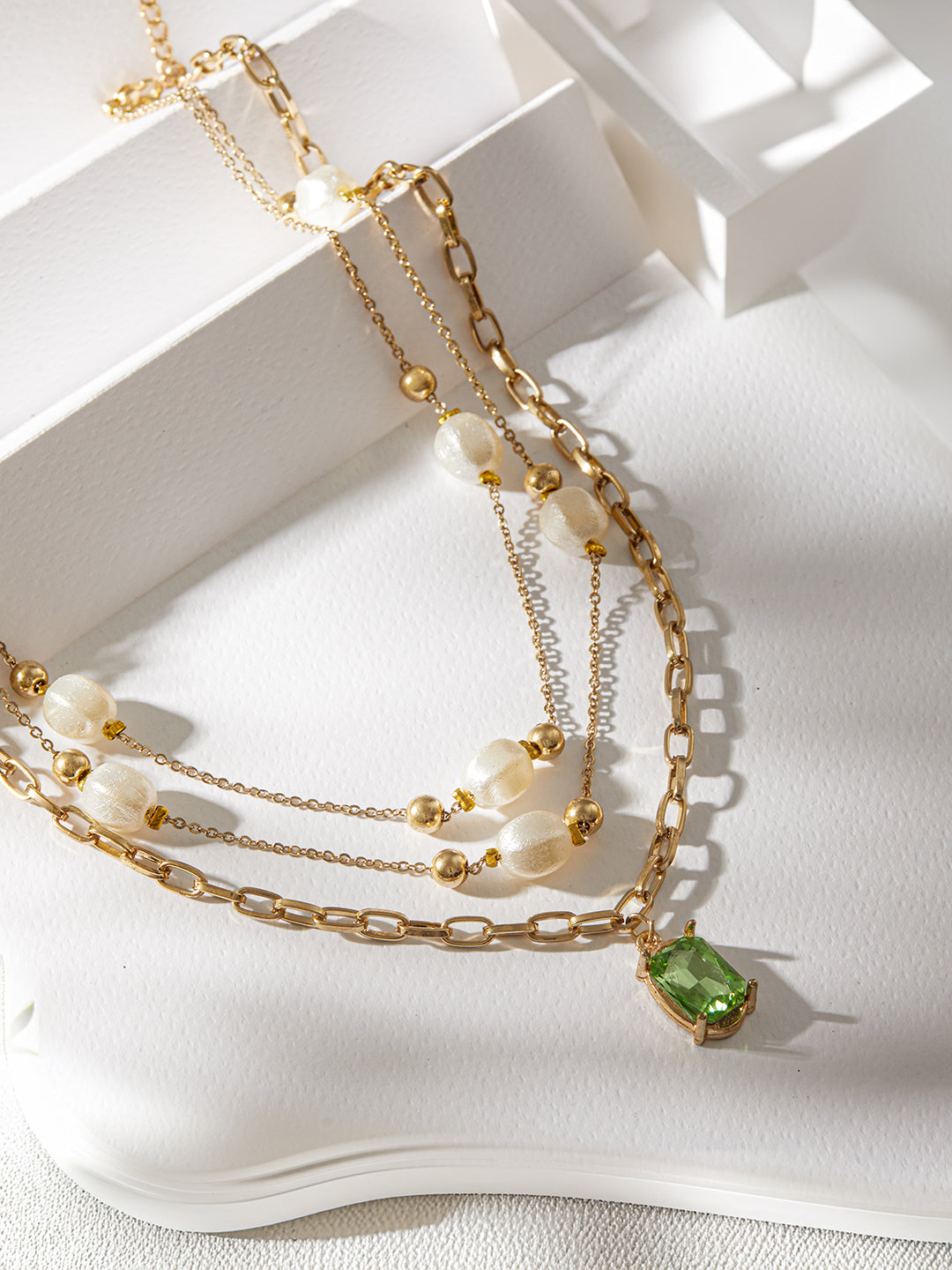 Gold-Plated Layered Pearl Chain Necklace with Green Stone Pendant