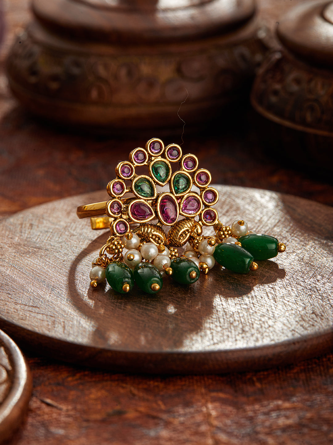 Gold Plated Artificial Stone Studded & Beaded Finger Ring