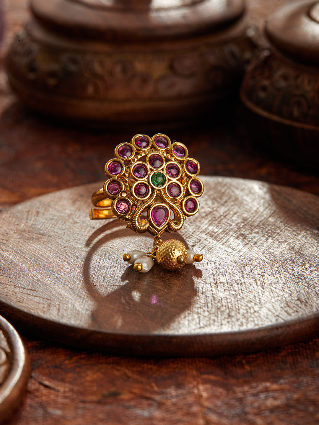 Gold-Plated Stone Studded Adjustable Finger Ring