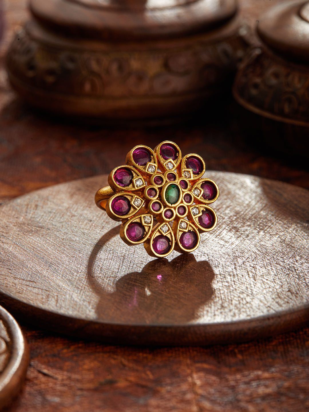 Gold-Plated Floral Stone Studded Adjustable Finger Ring