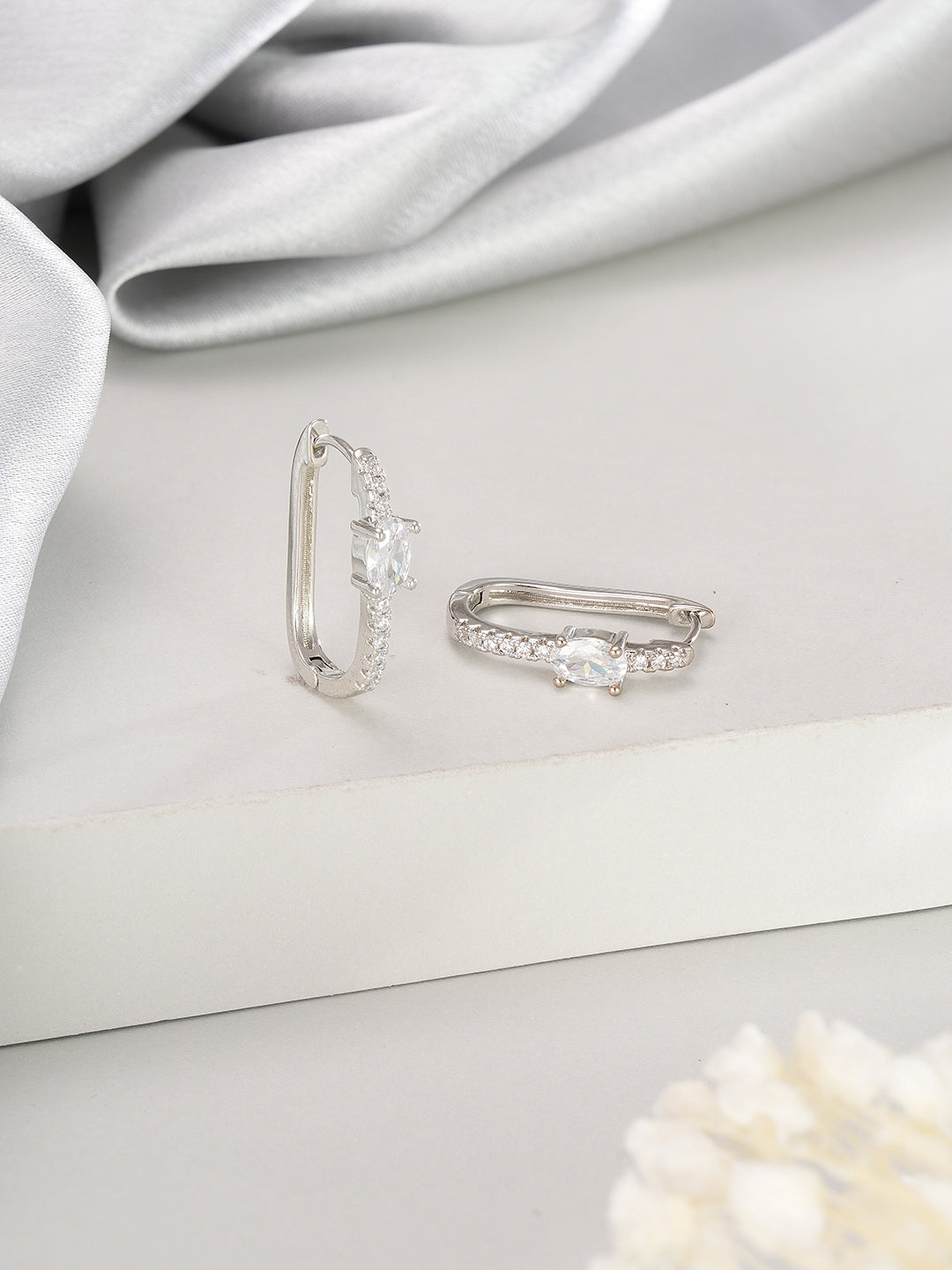 Jazz And Sizzle Silver-Plated & White AD Studded Circular Hoop Earrings