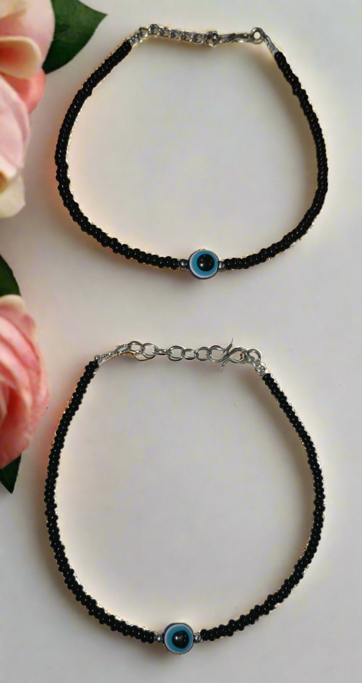 Jazz And Sizzle Silver Black Beads Silver Plated Traditional Evil Eye Anklets