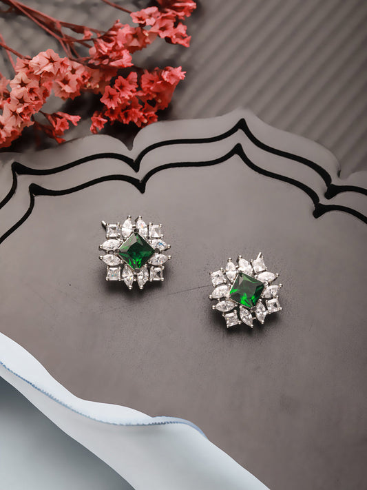 Jazz And Sizzle Silver-Toned & Green Cubic Zirconia-Studded Classic Studs Earrings - Jazzandsizzle