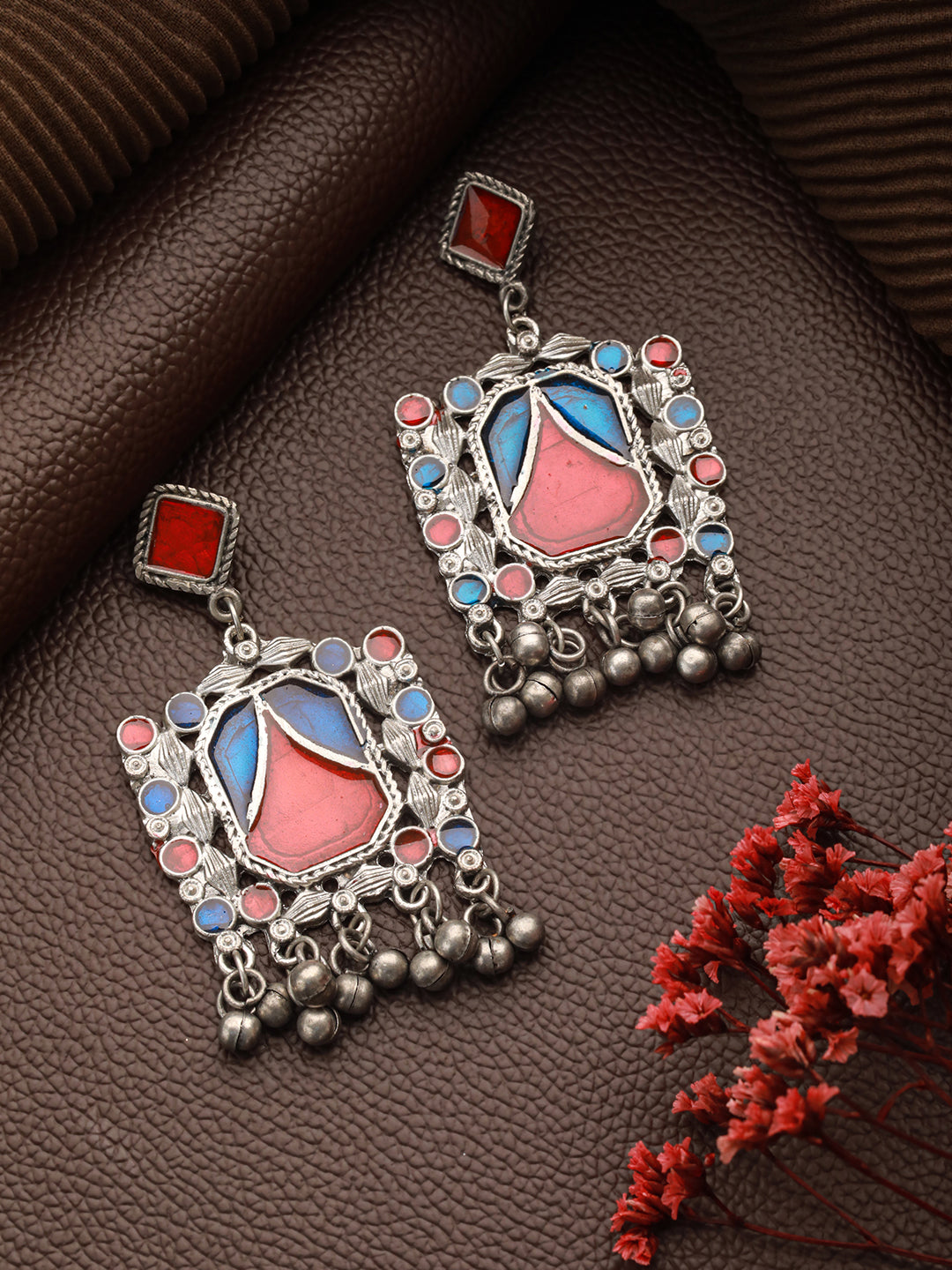 Jazz And Sizzle Silver-Toned Red & Blue Square Shaped Enameled Drop Earrings - Jazzandsizzle