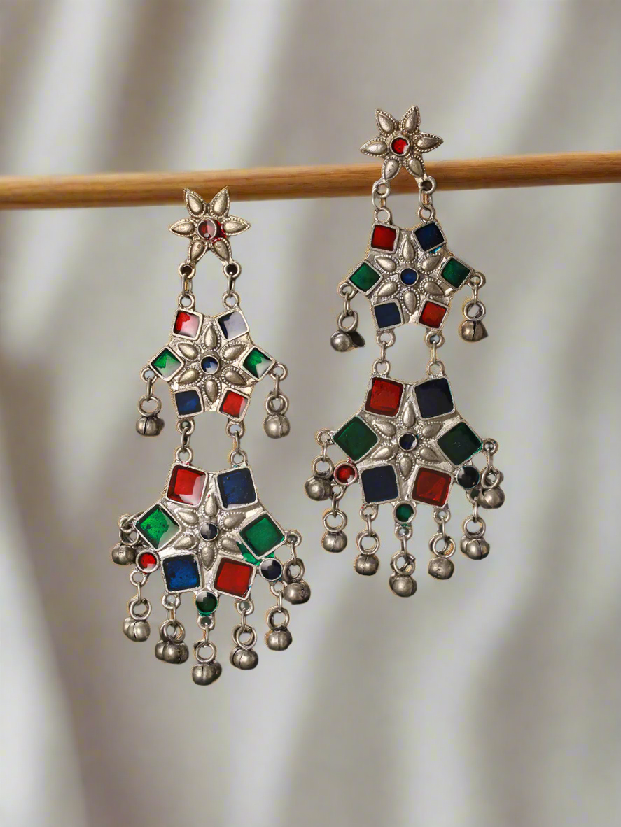 Silver-Plated Multi-Color Enameled & Beaded Floral Drop Earrings