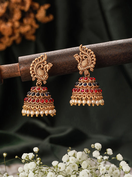 Jazz and Sizzle Matte Gold-Plated Peacock & Dome Shaped Stones Studded & Beaded Jhumkas