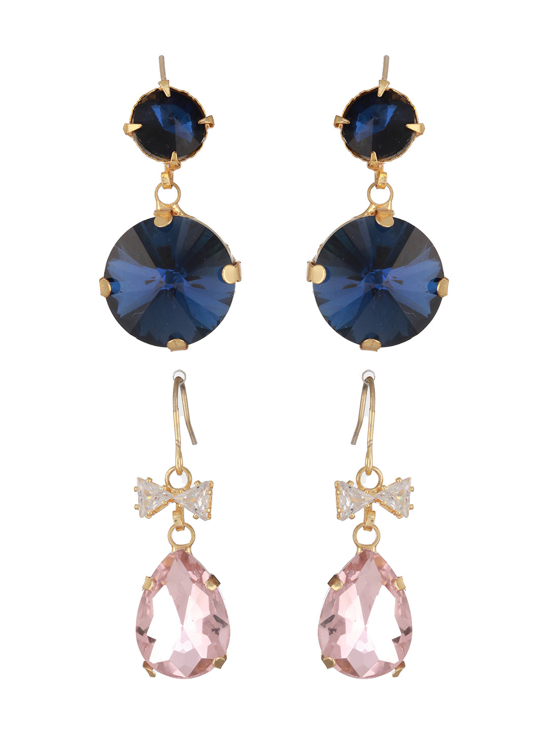 Jazz And Sizzle Set Of 2 Gold Plated Blue & Pink Stone Studded Drop Earrings