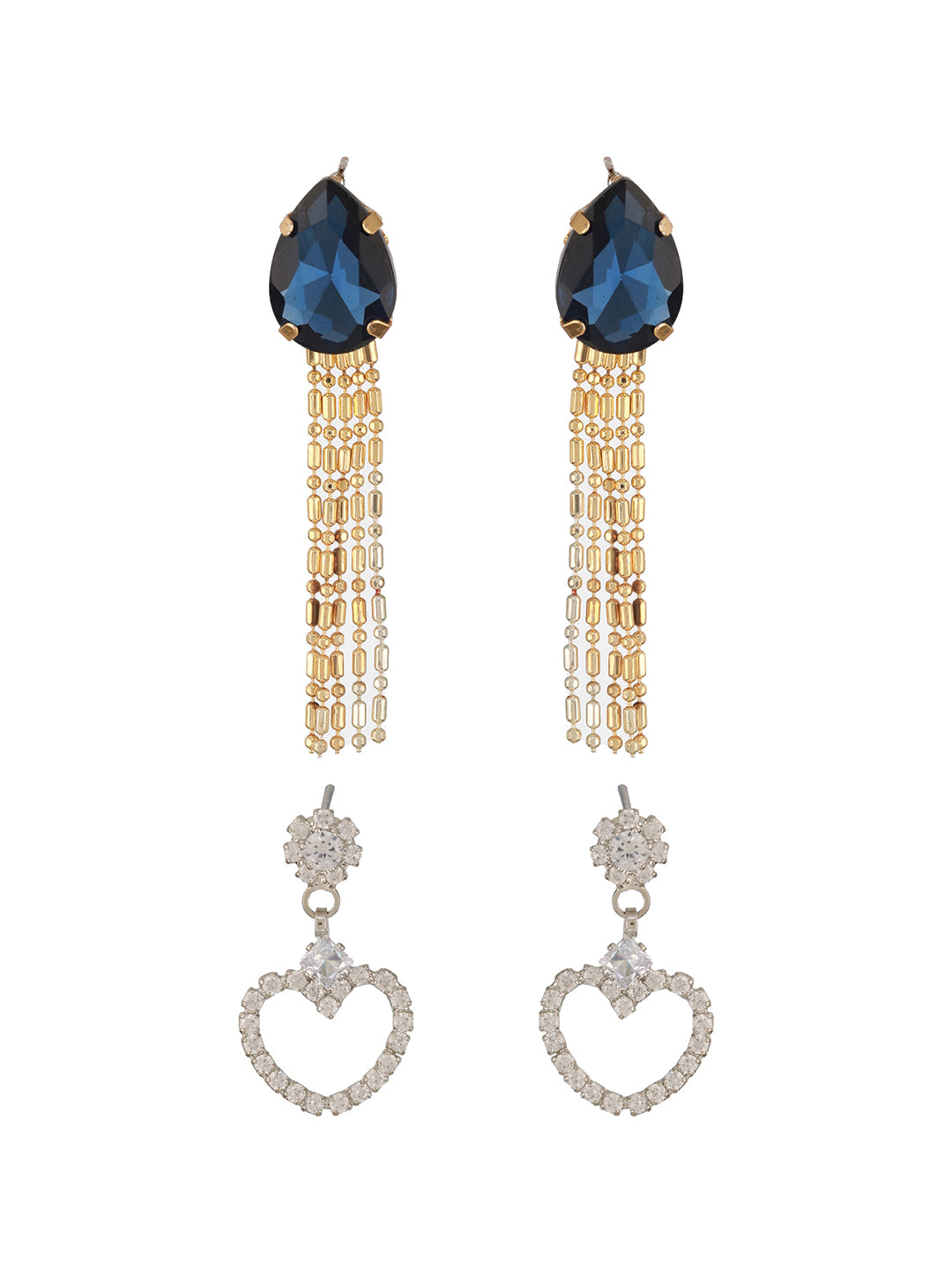 Jazz And Sizzle Set Of 2 Gold Heart Shaped Rhodium-Plated & Blue Stone Studded Contemporary Drop Earrings
