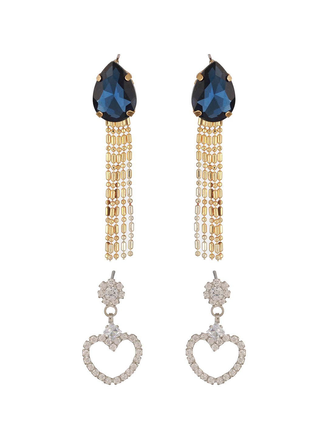 Jazz And Sizzle Set Of 2 Gold Heart Shaped Rhodium-Plated & Blue Stone Studded Contemporary Drop Earrings