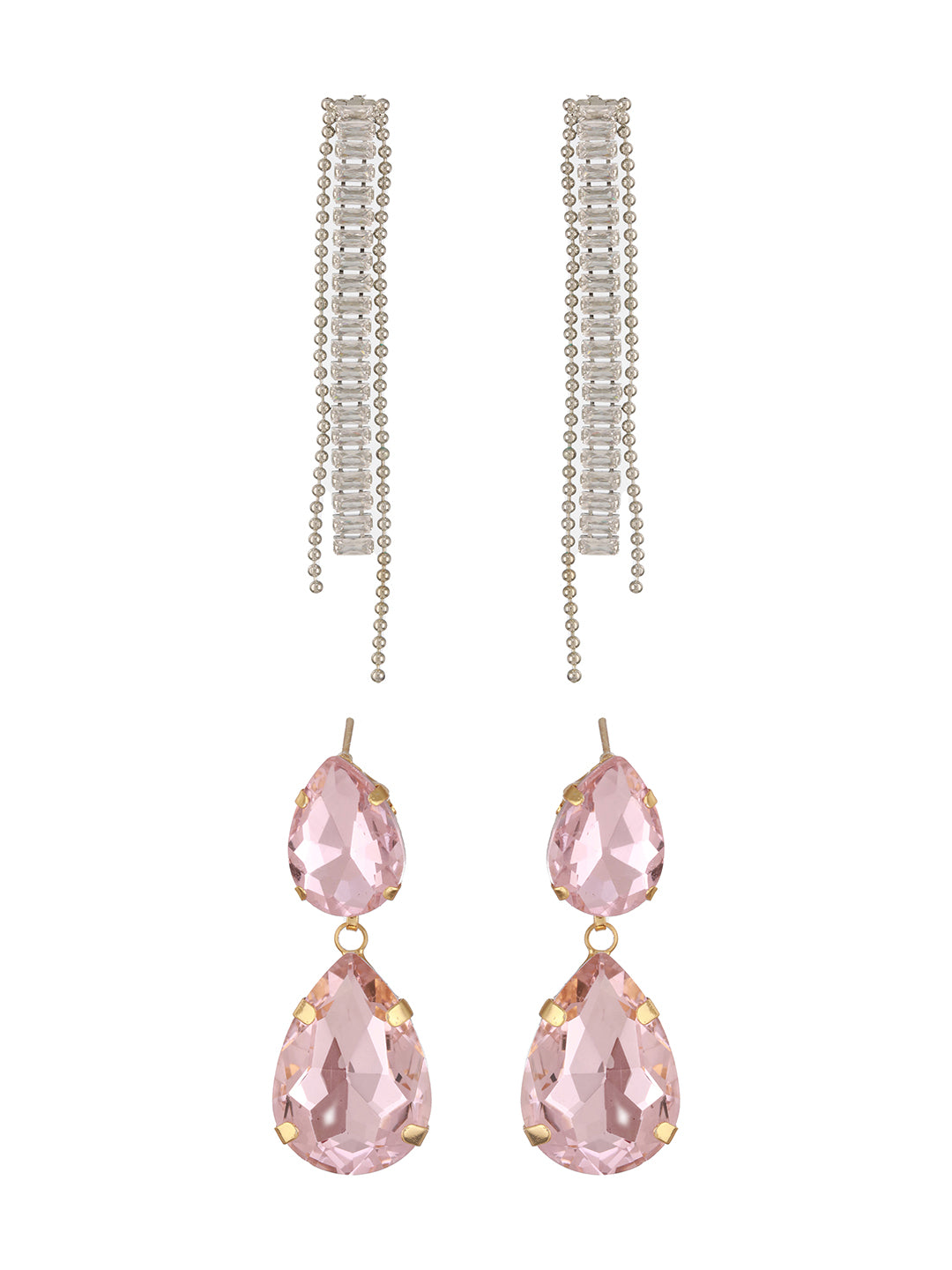 Jazz And Sizzle Set Of 2 Gold Plated Pink Stone Studded & Silver Dangler Style Drop Earrings