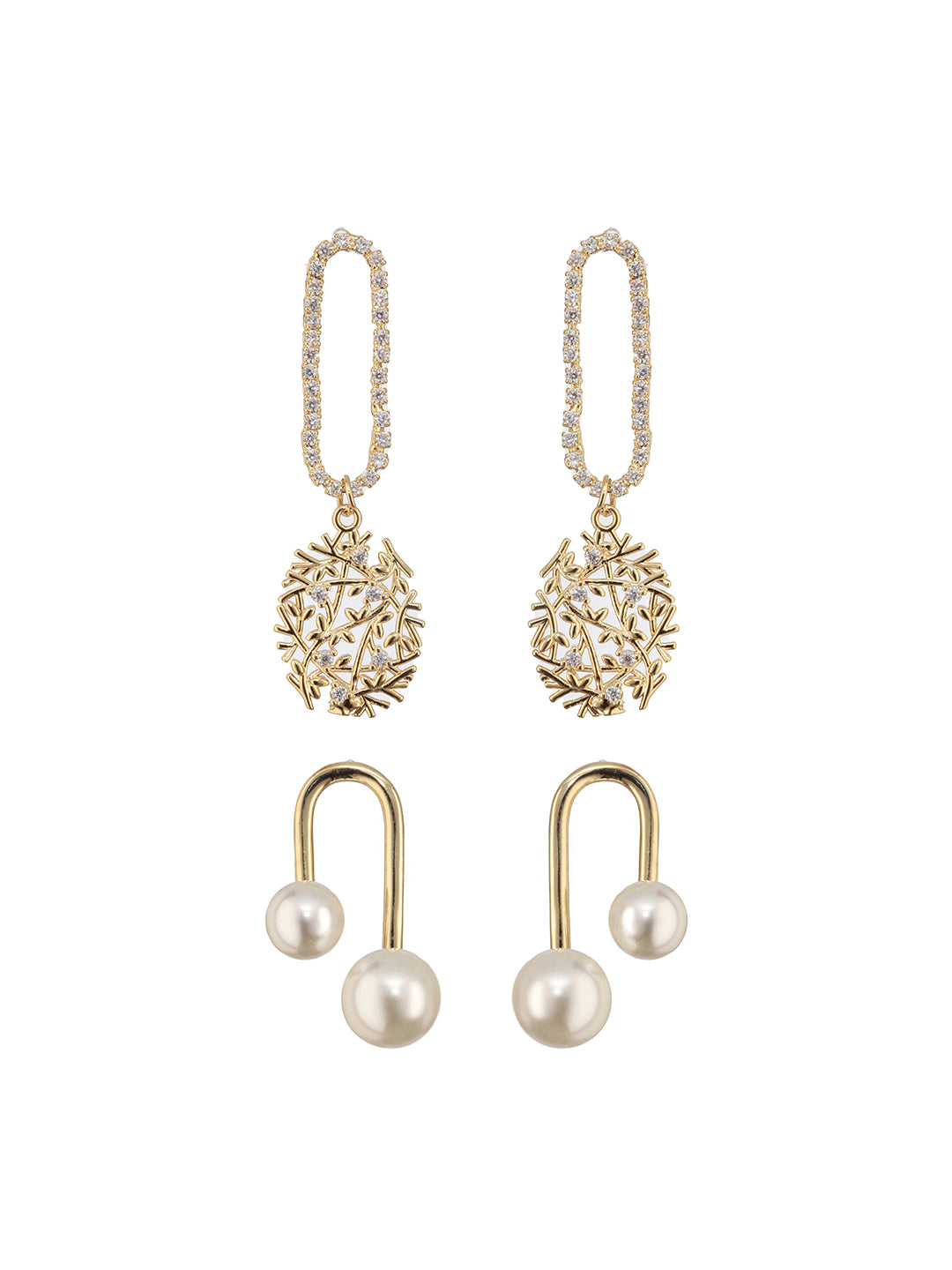 Set Of 2 Gold-Plated & Pearl Beaded Contemporary Drop Earrings