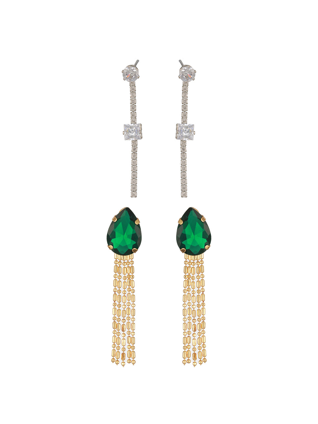 Jazz And Sizzle Set Of 2 Rhodium-Plated & Green Stone Studded Contemporary Drop Earrings