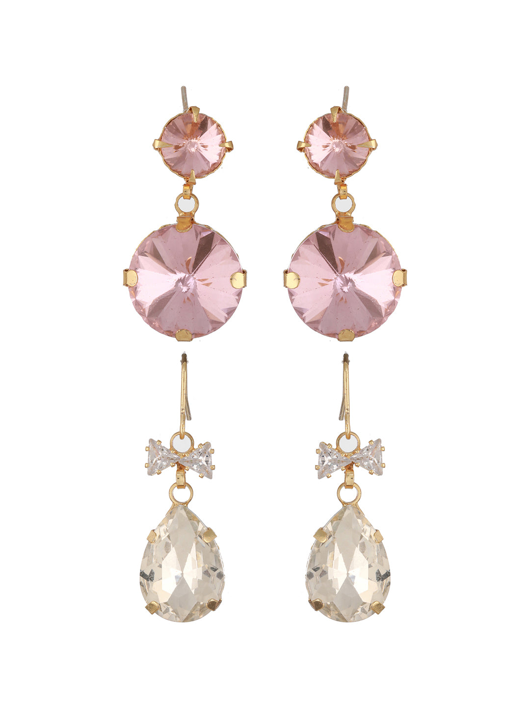 Jazz And Sizzle Set Of 2 Gold Plated Pink & Off White Stone Studded Tear Drop Earrings