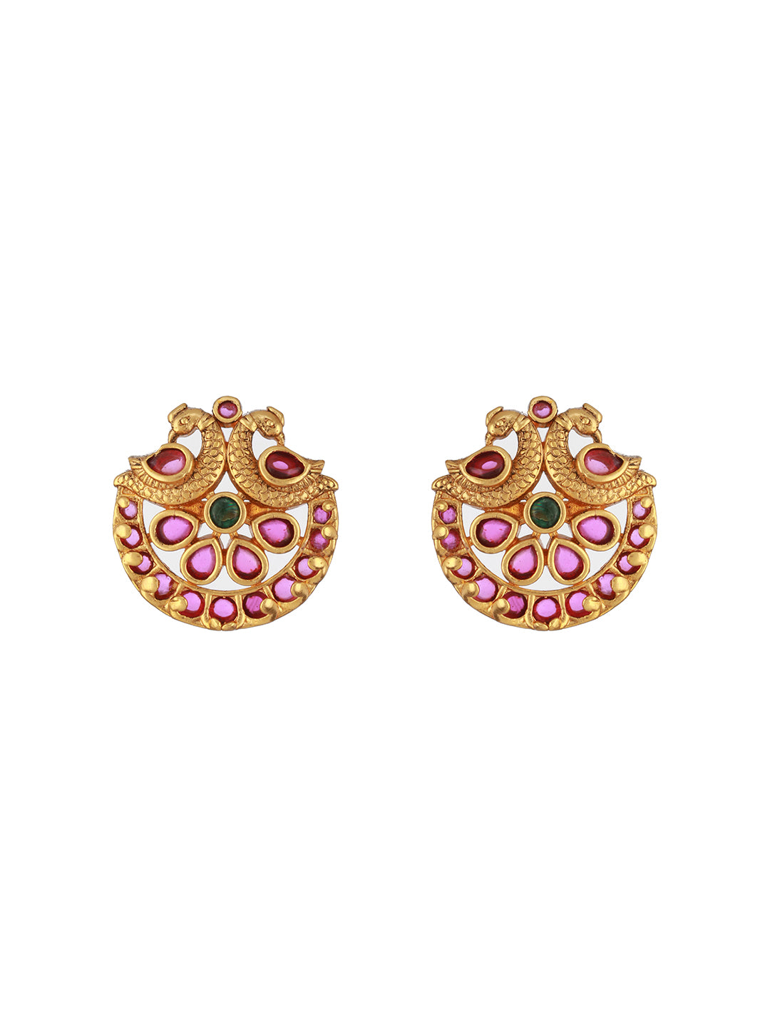 Jazz And Sizzle 24CT Gold-Plated Ruby Stone & AD Studded Peacock Shaped Temple Stud Earrings