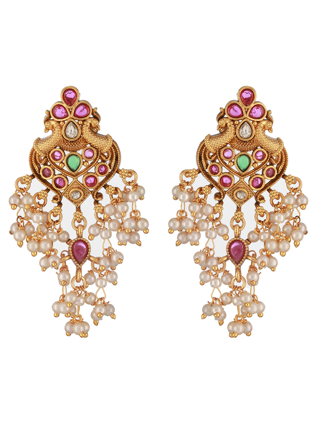 Jazz And Sizzle 22CT Gold-Plated AD Ruby Studded & Pearl Beaded Peacock Shaped Drop Earrings