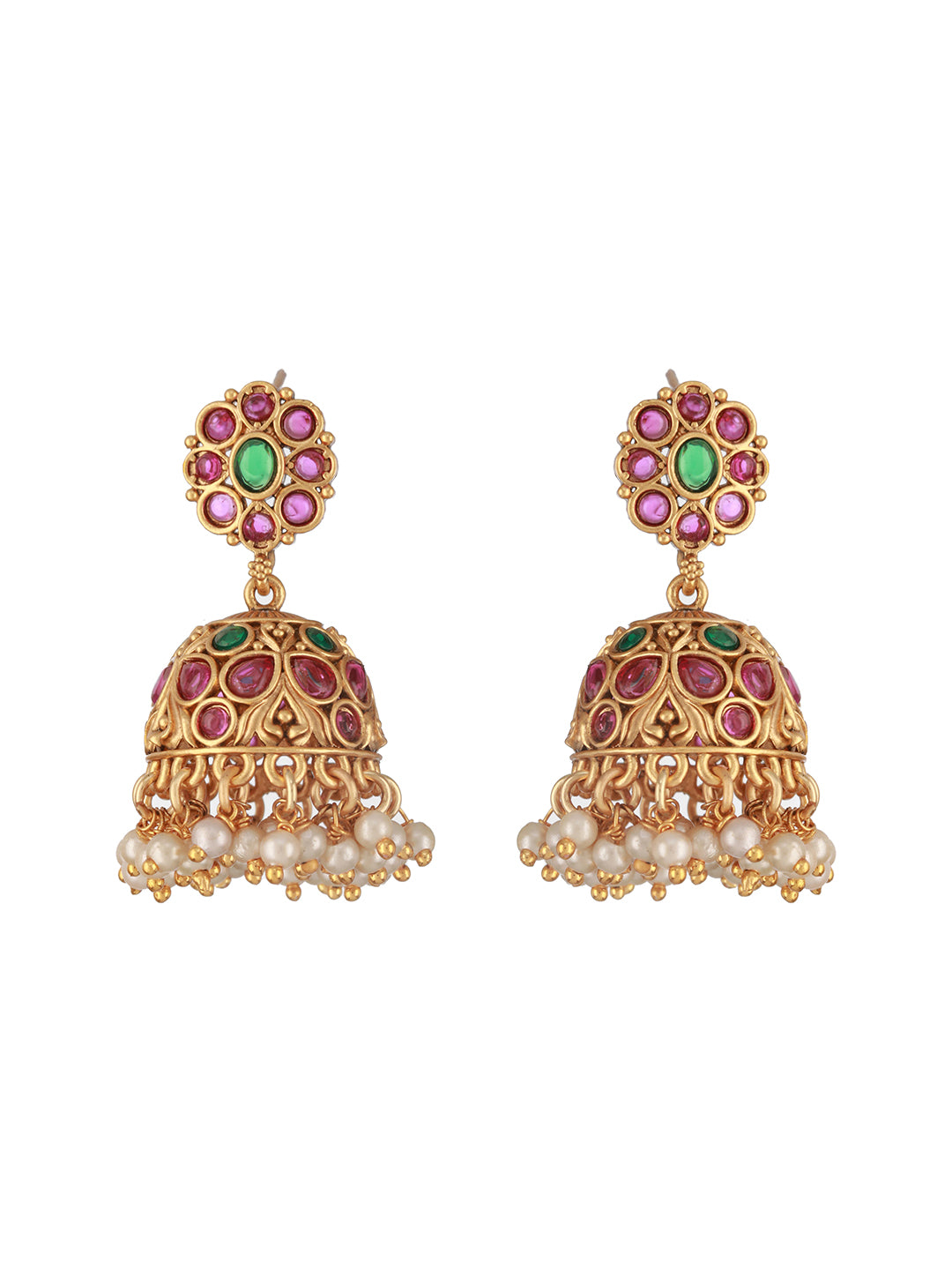 Aatmana24 CT Gold-Plated Ruby Stone Studded & Beaded Contemporary Dome Shaped Jhumkas Earrings