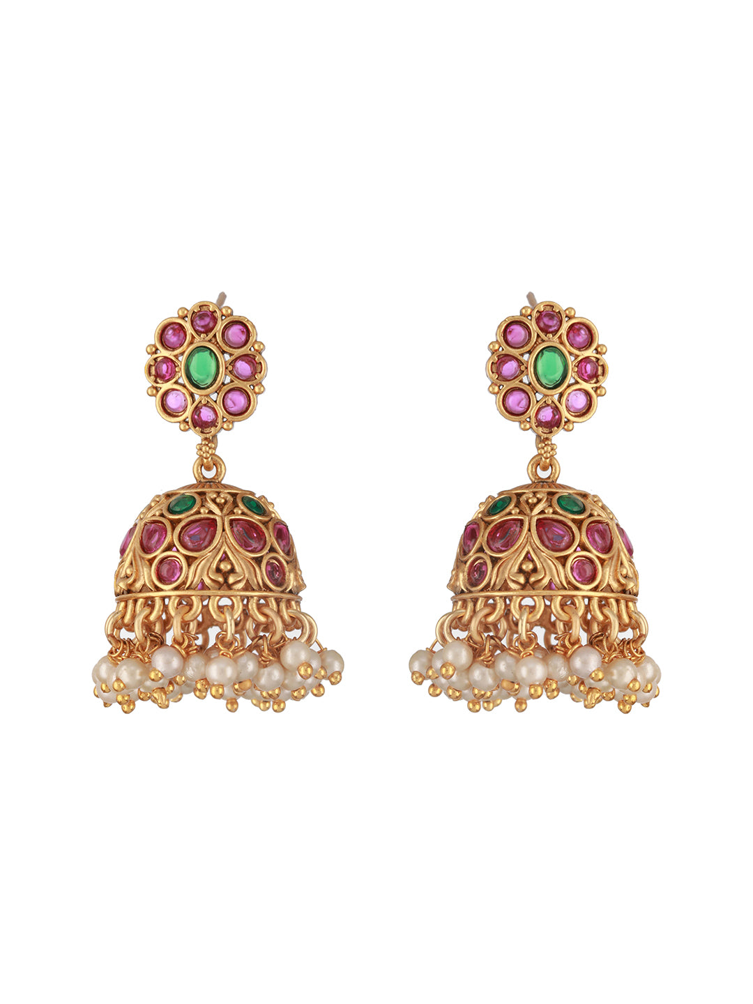 Jazz And Sizzle 24 CT Gold-Plated Ruby Stone Studded & Beaded Contemporary Dome Shaped Jhumkas Earrings