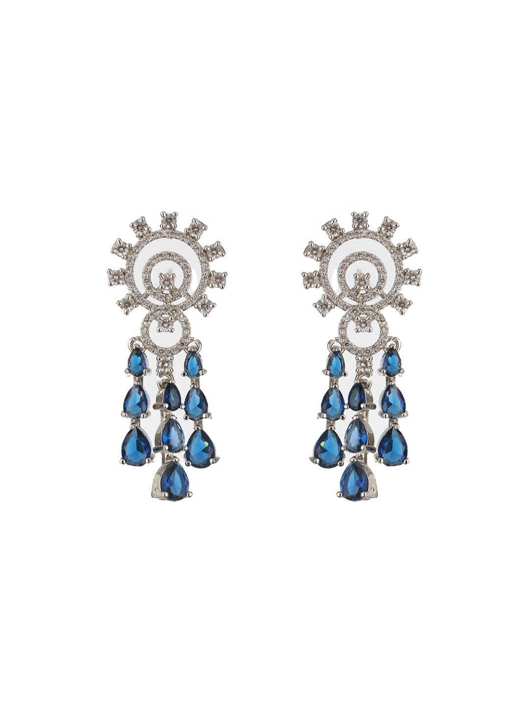 Jazz And Sizzle Rhodium-Plated Sapphire Blue American Diamond Studded Floral Contemporary Jewelry Set