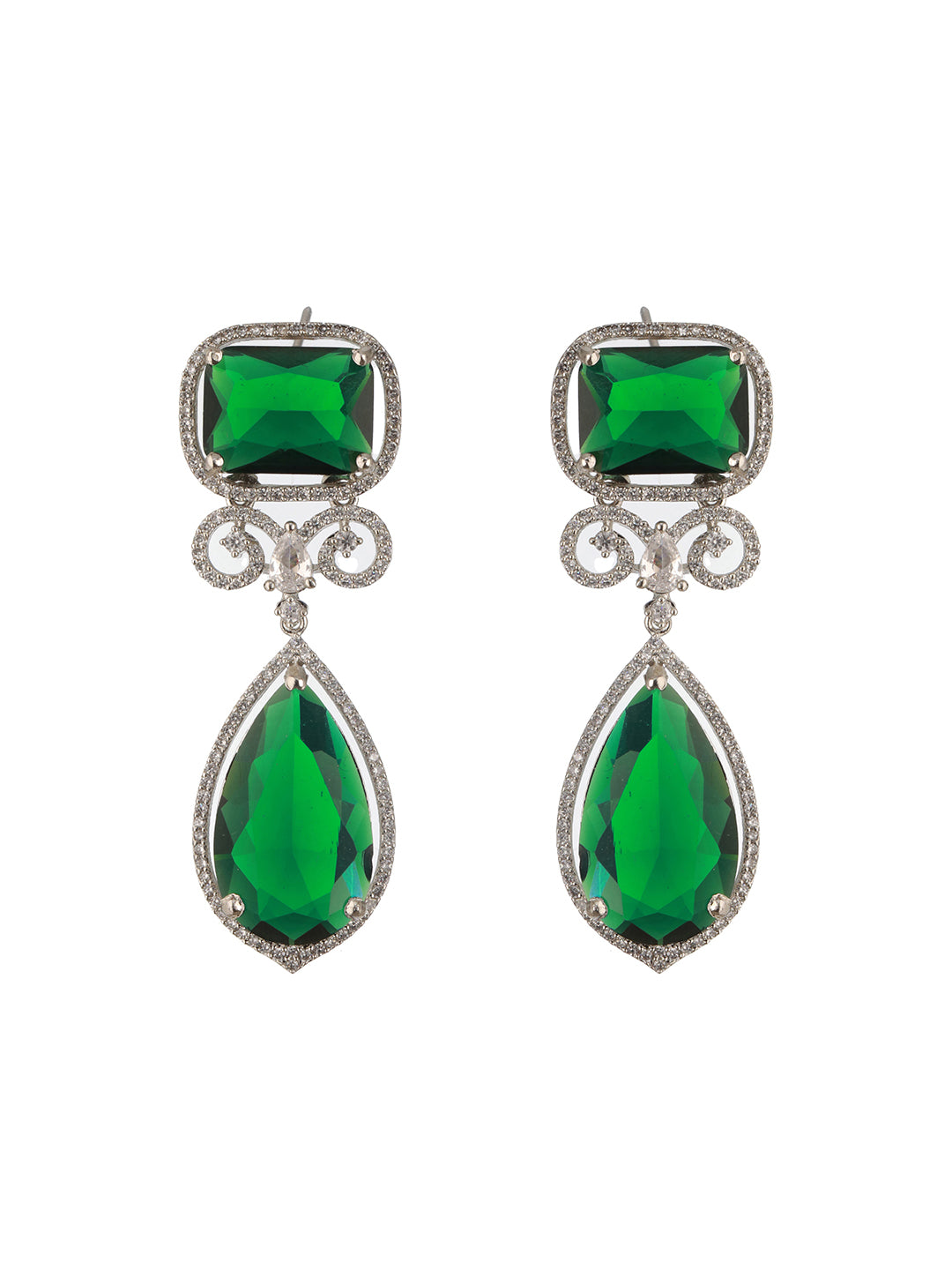 Jazz And Sizzle Rhodium-Plated Green American Diamonds-Studded Handcrafted Jewellery Set