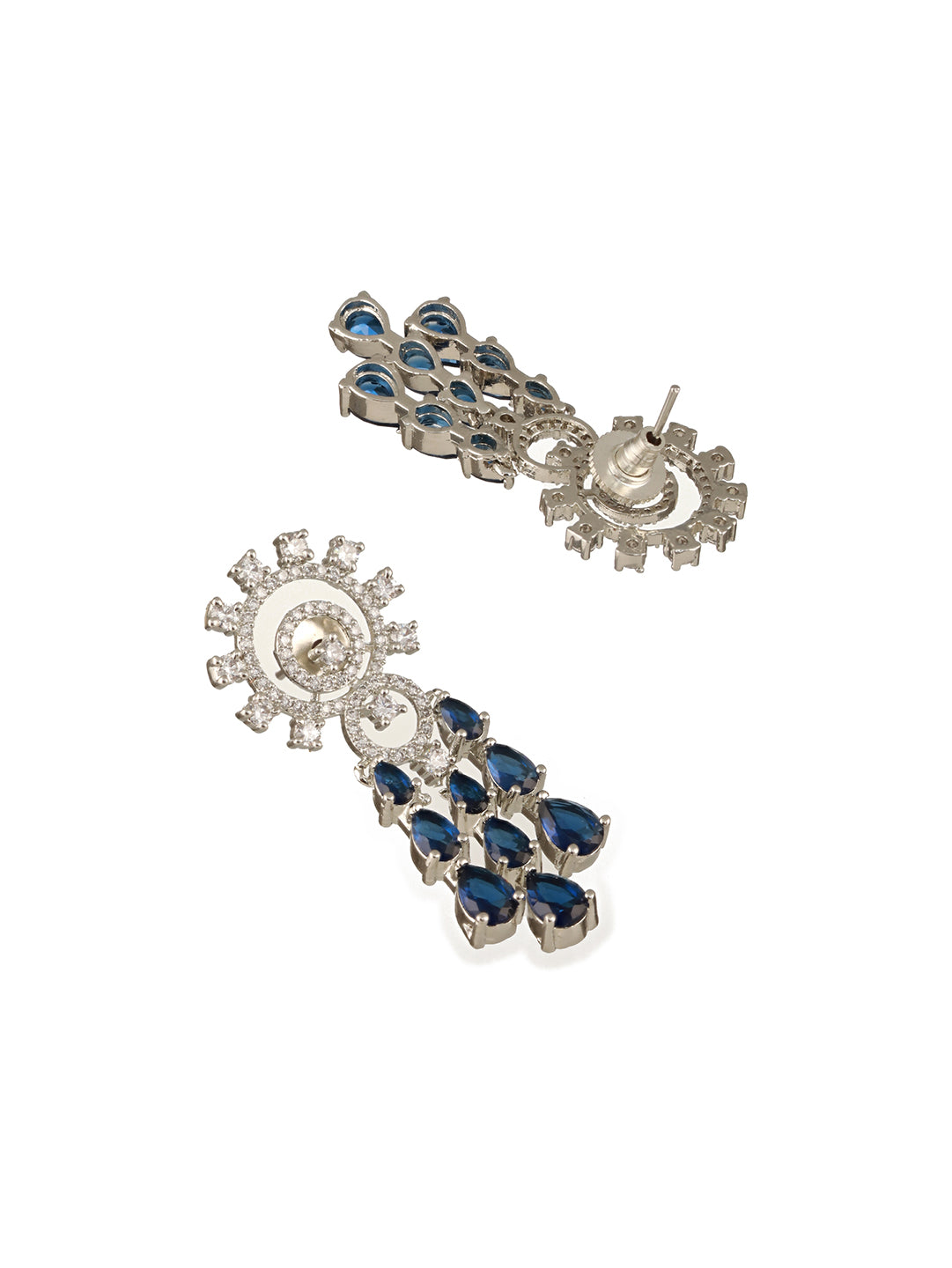 Jazz And Sizzle Rhodium-Plated Sapphire Blue American Diamond Studded Floral Contemporary Jewelry Set