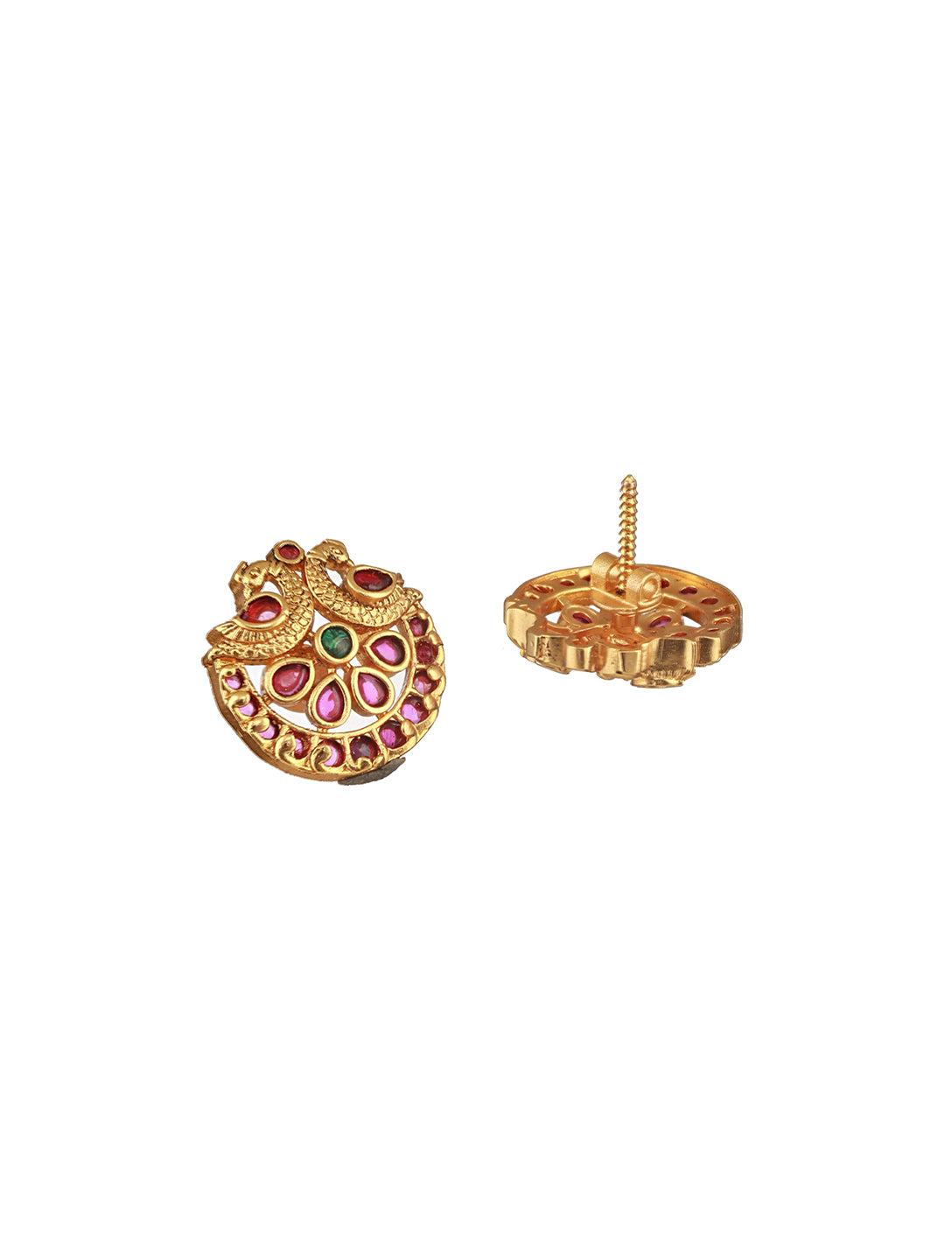 Jazz And Sizzle 24CT Gold-Plated Ruby Stone & AD Studded Peacock Shaped Temple Stud Earrings