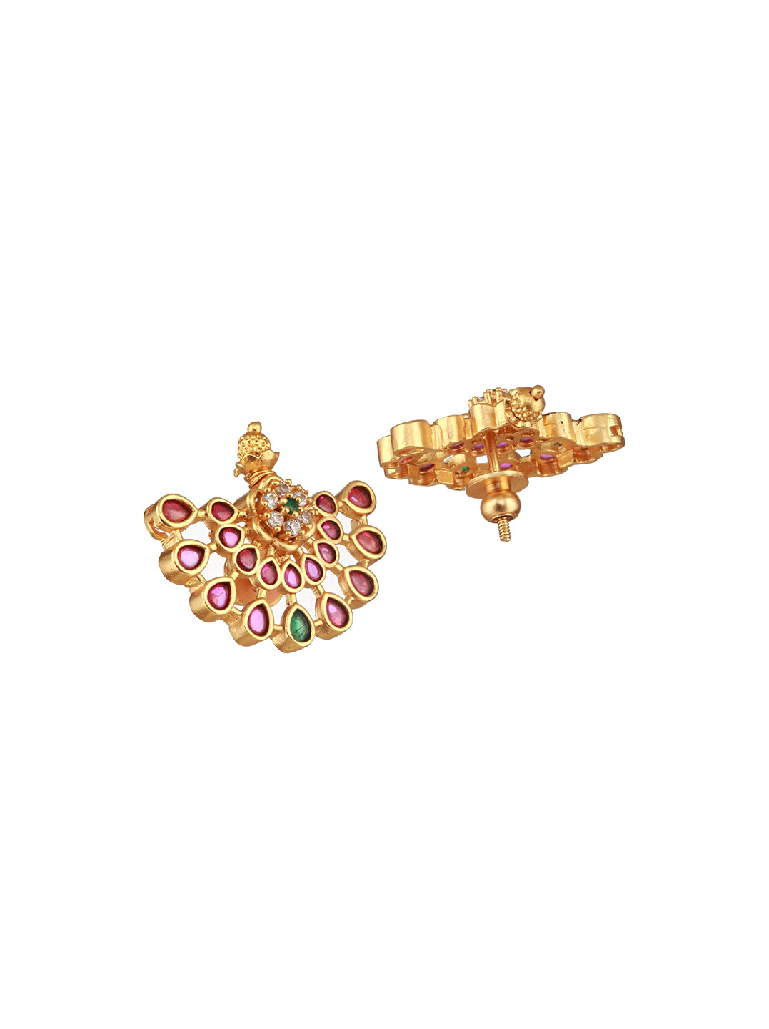 Jazz And Sizzle 24CT Gold-Plated Ruby & AD Stone Studded Half Moon Shaped Temple Stud Earrings