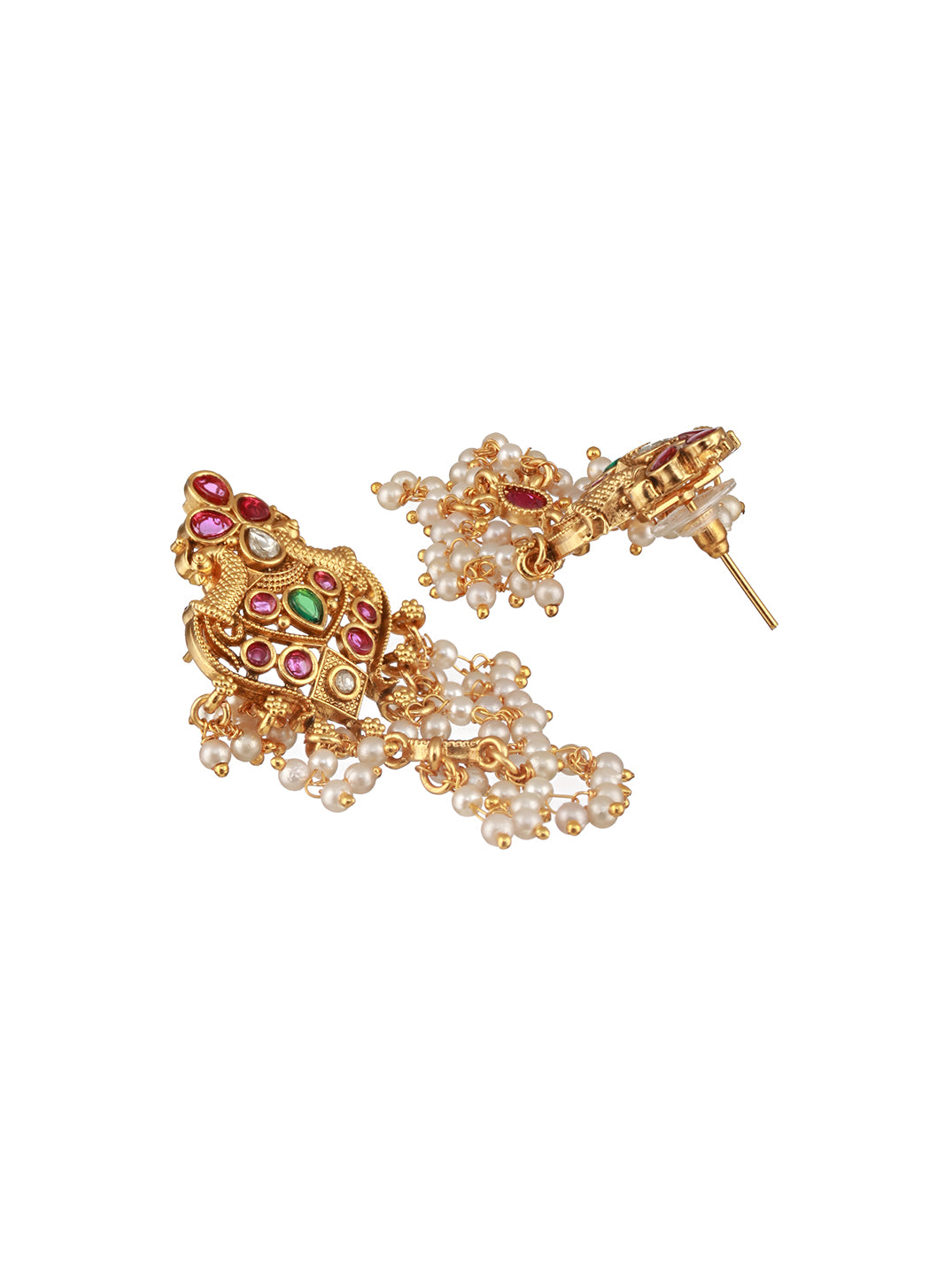 Jazz And Sizzle 22CT Gold-Plated AD Ruby Studded & Pearl Beaded Peacock Shaped Drop Earrings