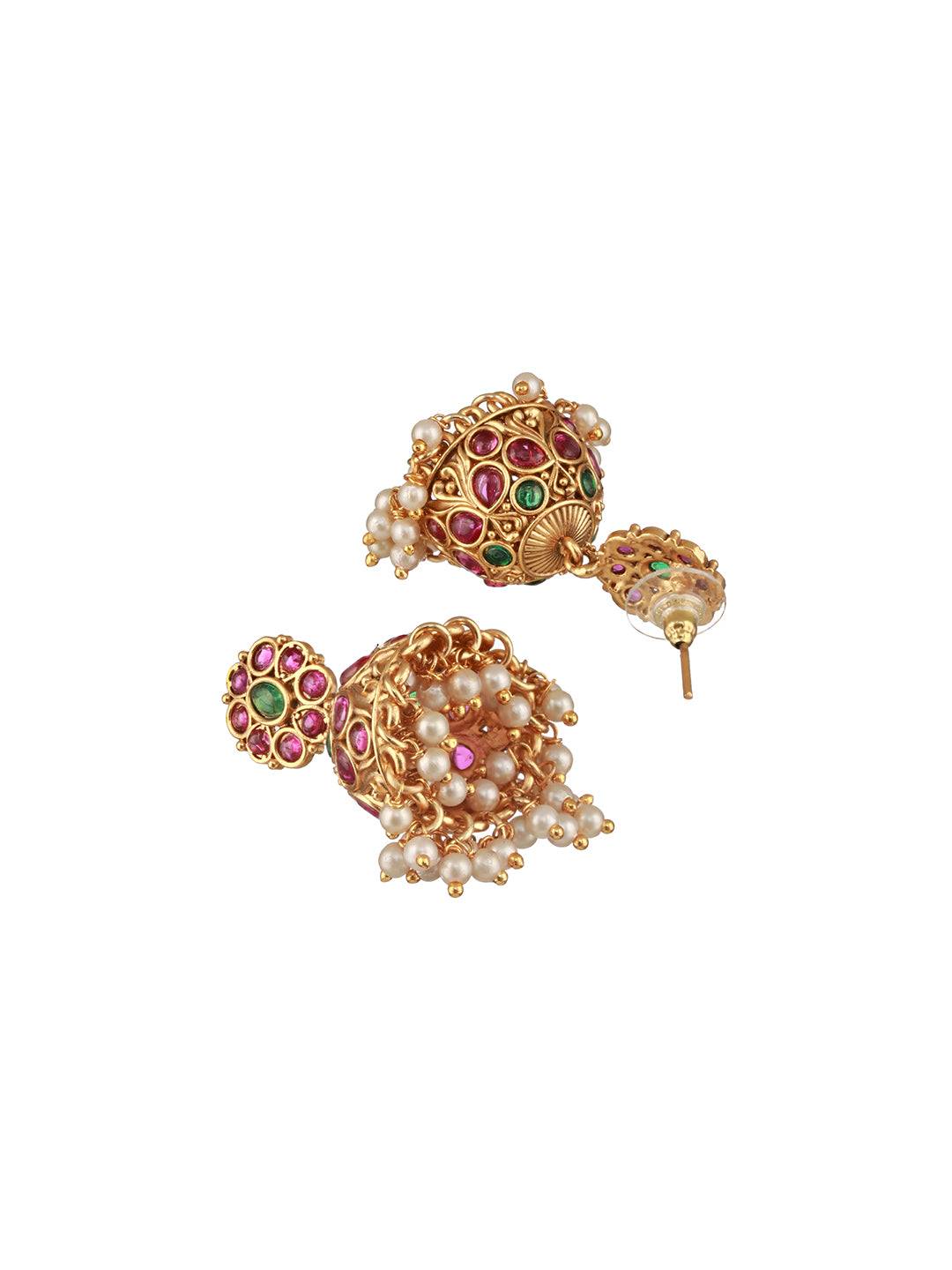 Jazz And Sizzle 24 CT Gold-Plated Ruby Stone Studded & Beaded Contemporary Dome Shaped Jhumkas Earrings