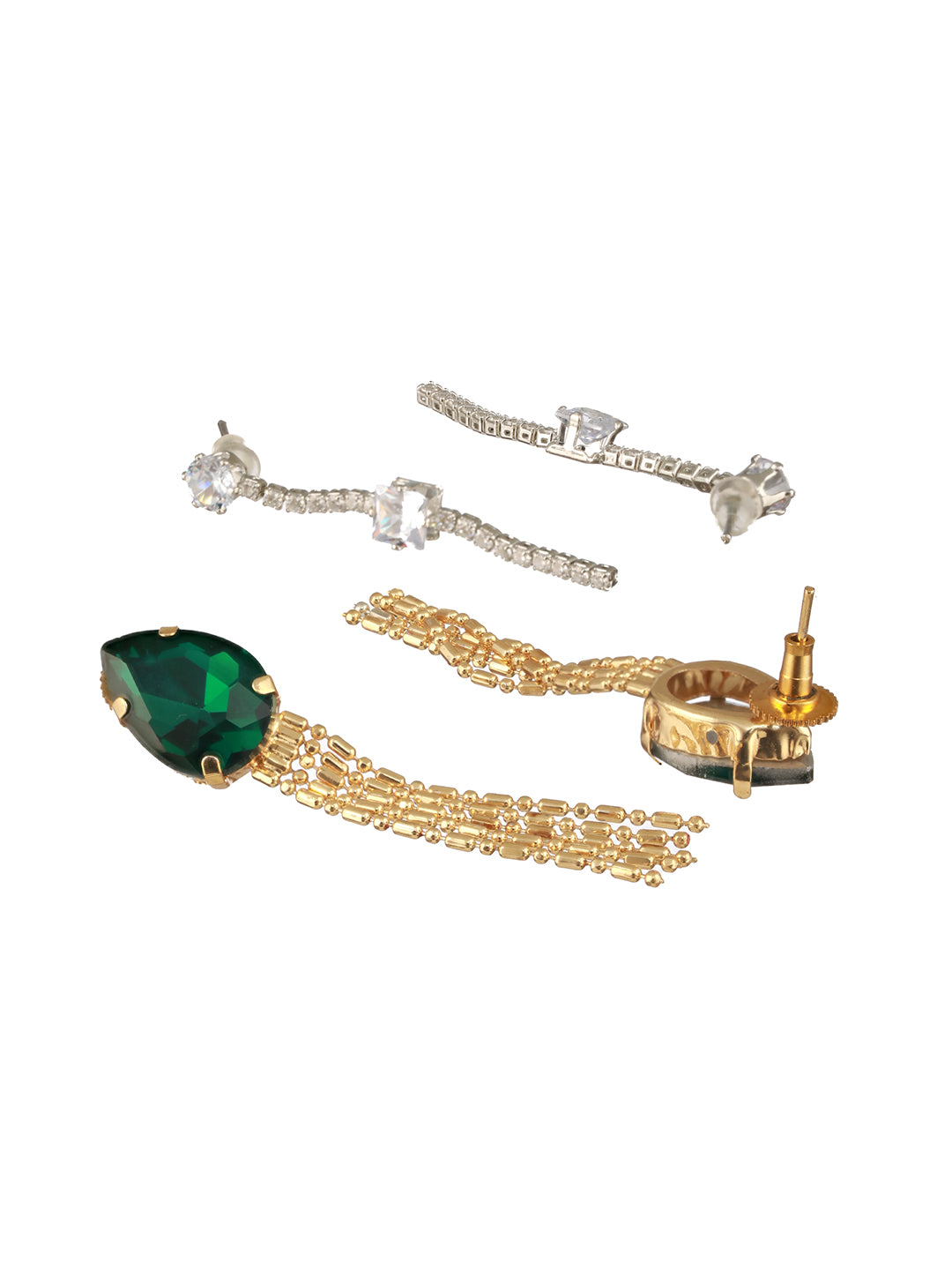 Jazz And Sizzle Set Of 2 Rhodium-Plated & Green Stone Studded Contemporary Drop Earrings