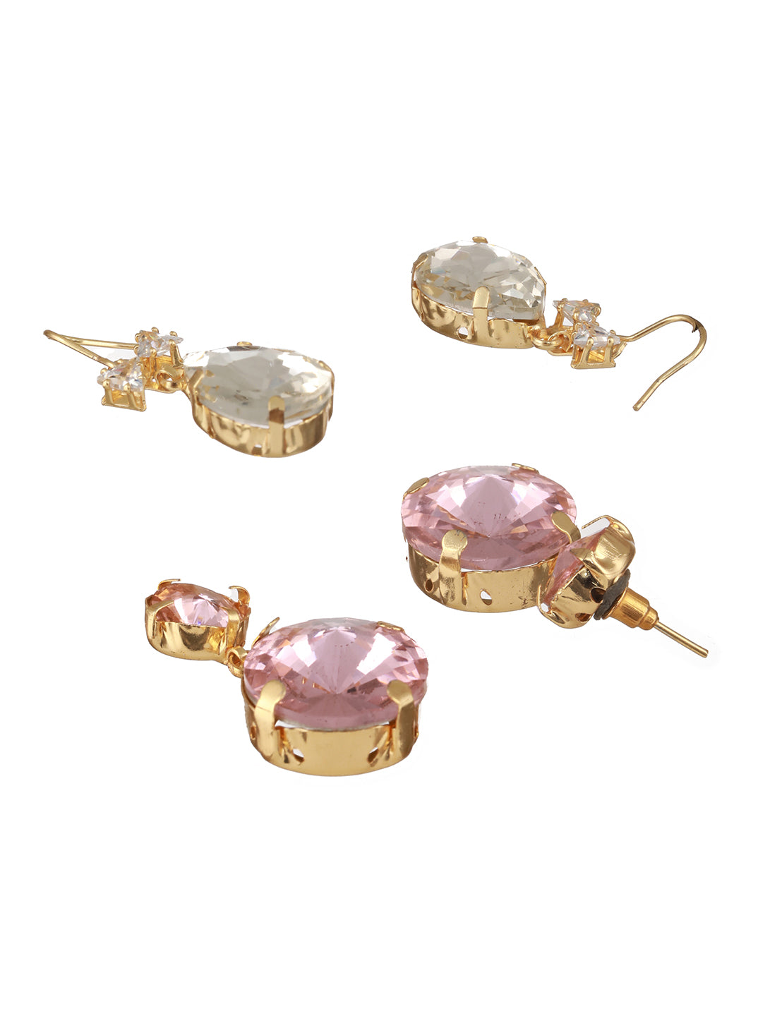 Jazz And Sizzle Set Of 2 Gold Plated Pink & Off White Stone Studded Tear Drop Earrings